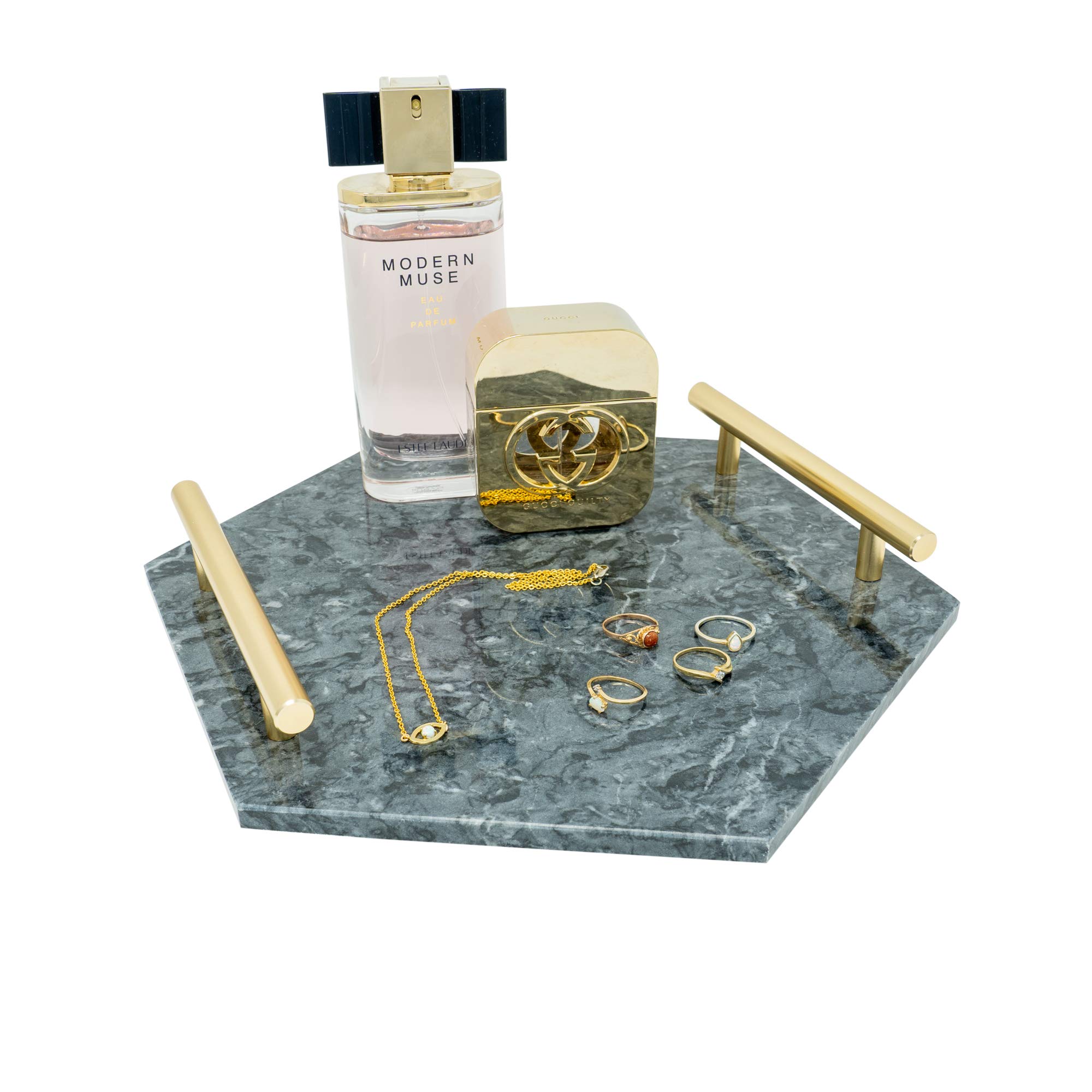 Elegant Grey Marble Perfume Tray with Gold Handles - Modern Hexagon Vanity Organizer for Jewelry & Cosmetics - Luxury Bathroom Decor & Bedroom Tray - Perfect for Displaying Perfumes, Rings & Makeup Essentials (Hexagon, Grey)