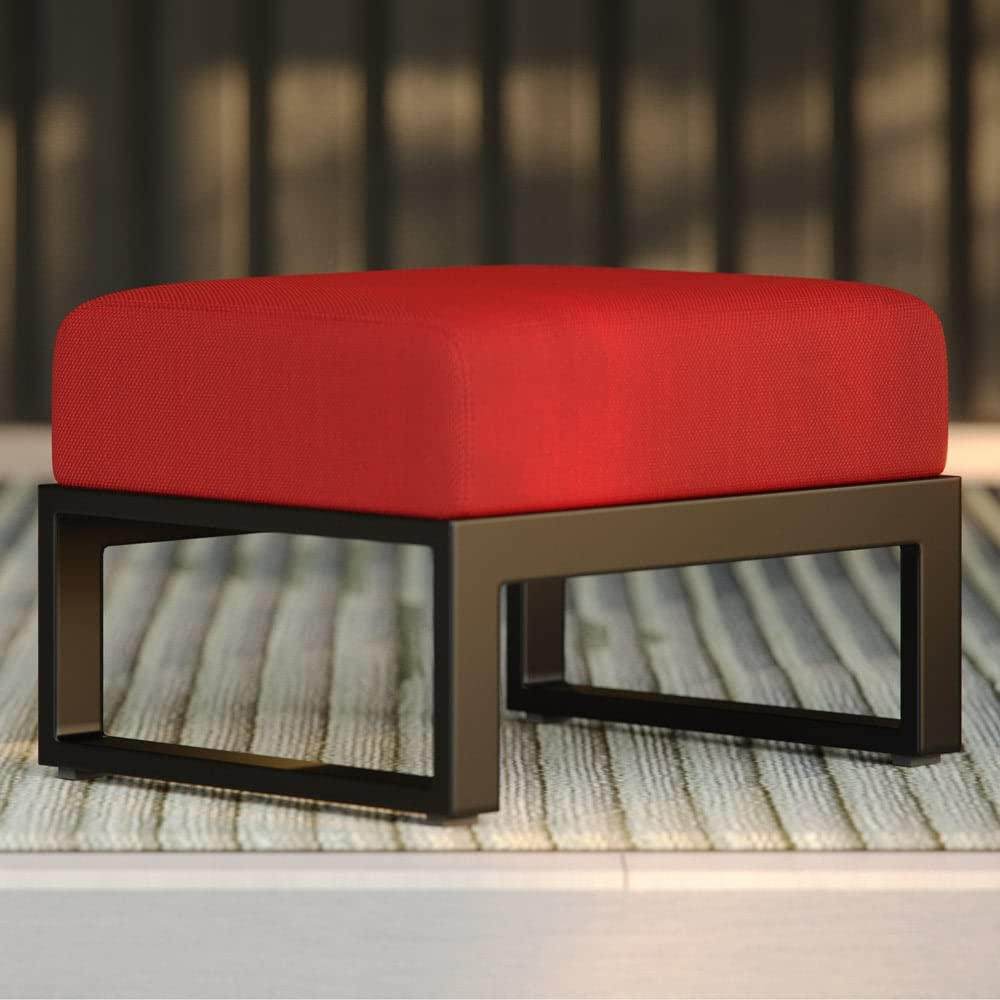 ZURI Modern Elba Outdoor Ottoman with Quick-Dry Cushions & Powder-Coated Aluminum Frame - Waterproof Patio Furniture for Poolside, Garden & Deck - Black/Red