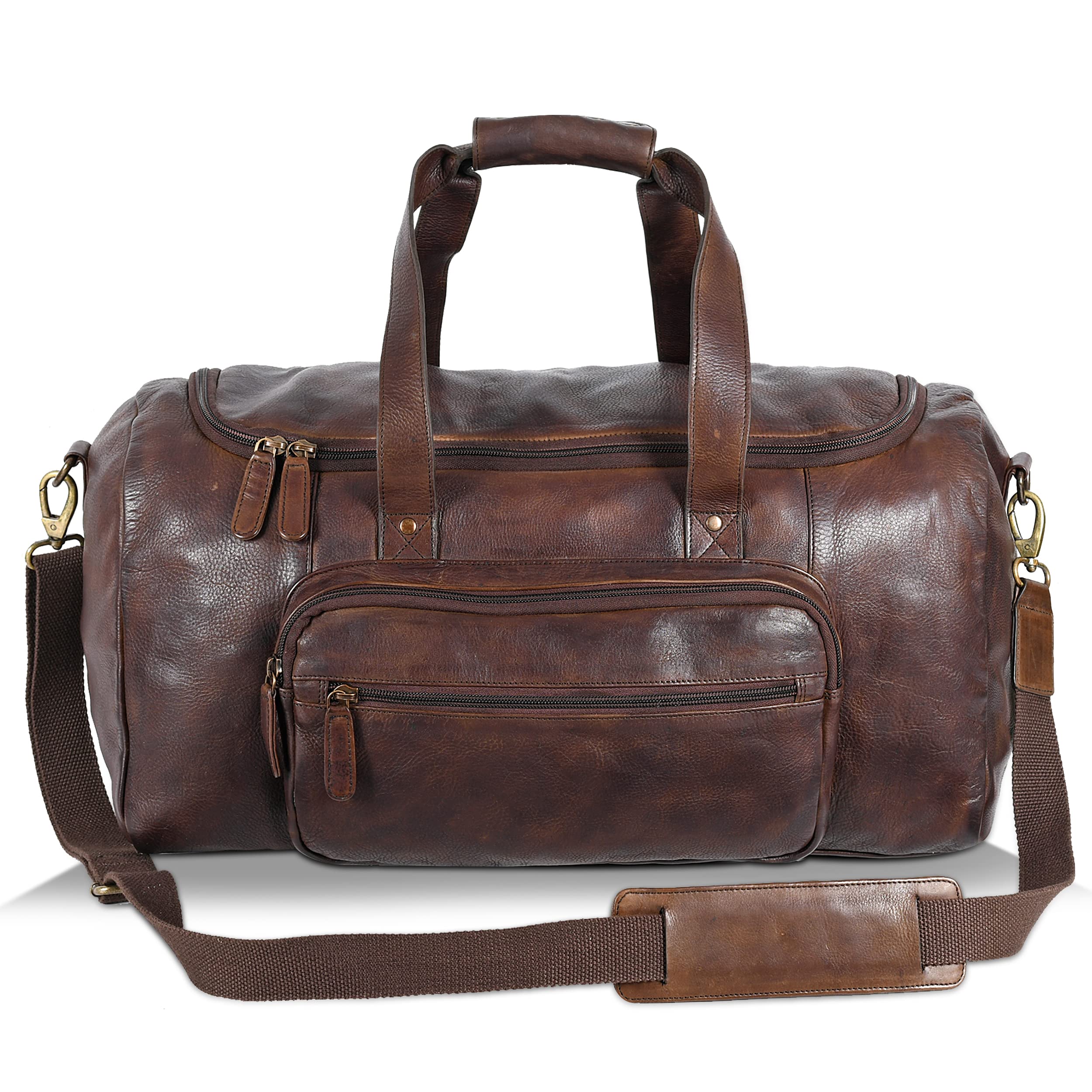Premium Genuine Leather Weekender Bag - Oversized Travel Duffel Carry On for Men & Women - Durable Overnight Bag with Spacious Compartments (Brown Wash) - Perfect for Business Trips, Gym, Weekend Getaways & Air Travel