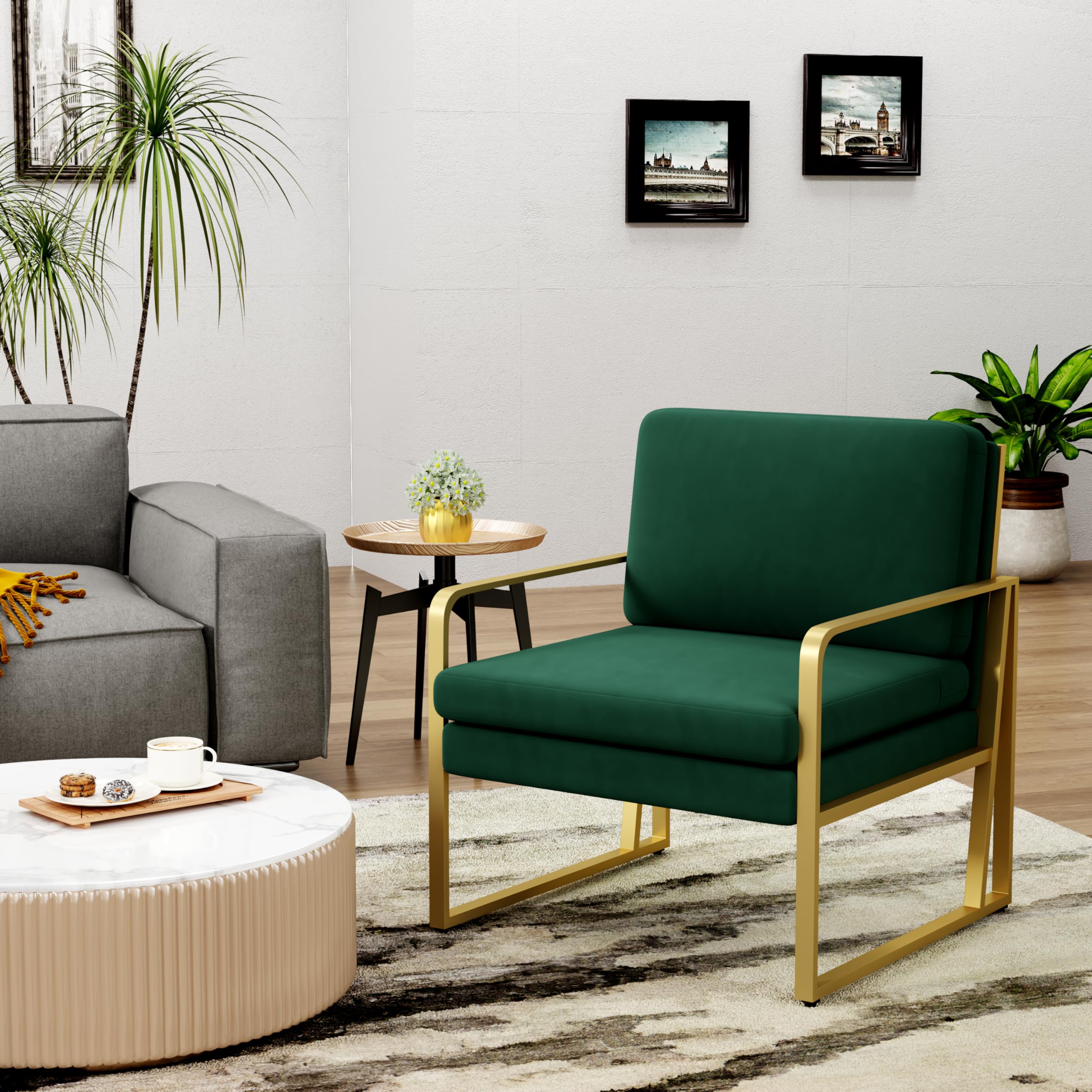 Modern Accent Chair with Linen Upholstery & Metal Legs - Comfortable Armchair for Living Room, Bedroom, or Reading Nook (Green, Set of 1) - Perfect for Relaxing, Entertaining & Home Decor