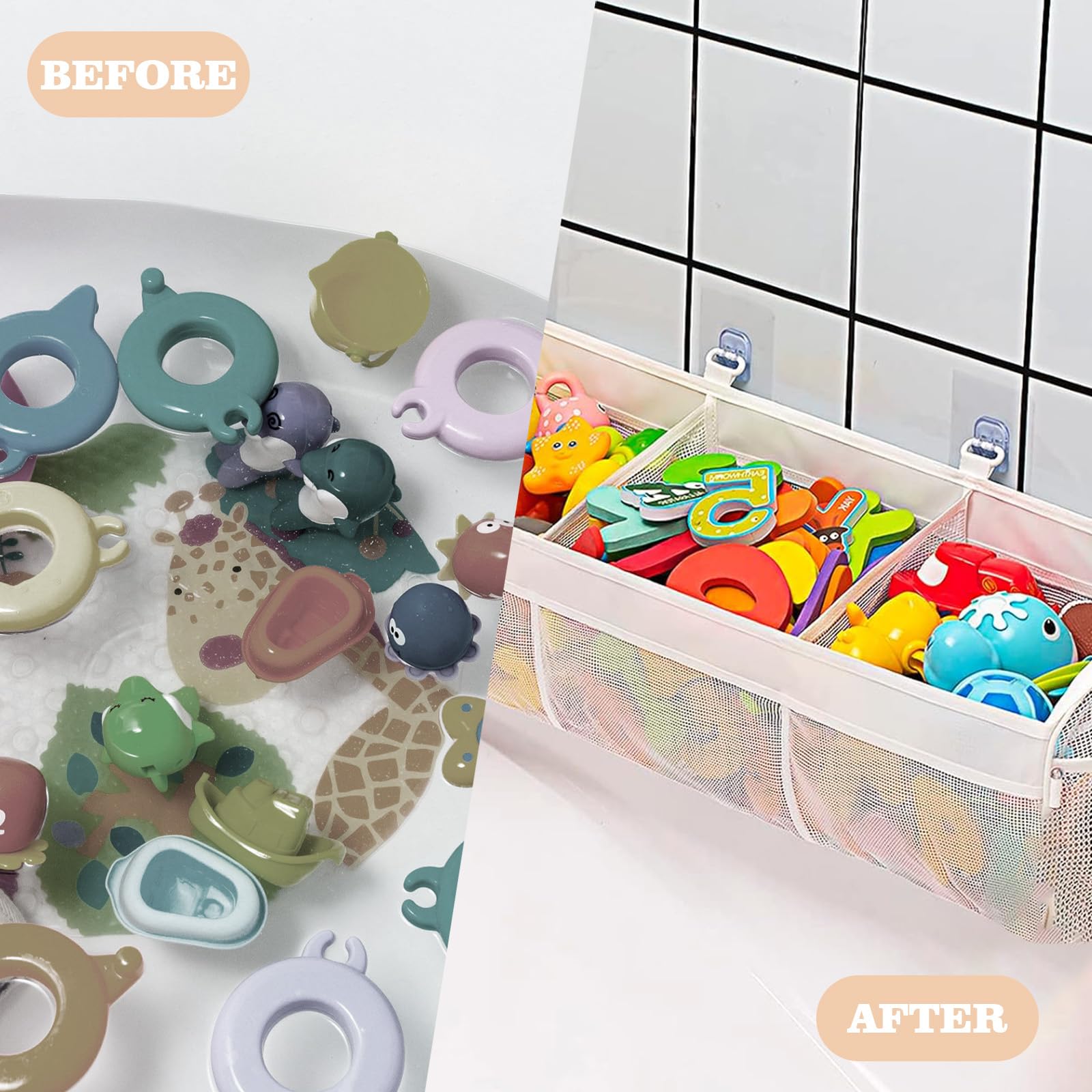 Bath Toy Storage Bag with 4 Hooks - Mesh Organizer for Bathtub Toys, Waterproof Toy Holder & Sorter - Perfect for Kids Bath Time Organization (White)