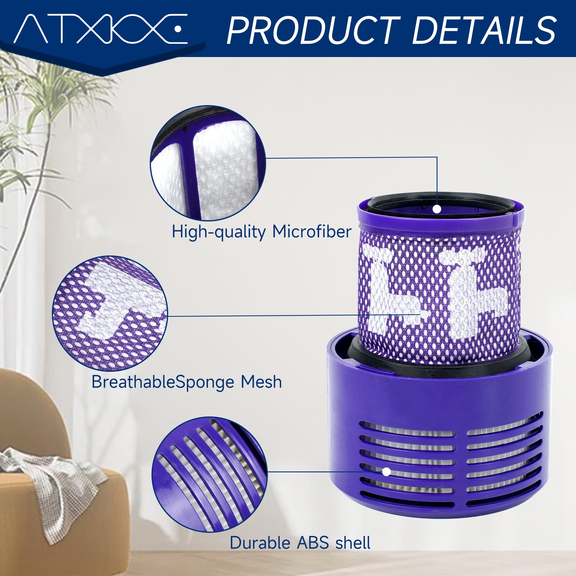 ATXKXE V10 Replacement Filters - 4 Pack HEPA Filters & Cleaning Brush Compatible with Dyson V10 Cyclone Vacuum - Perfect for Pet Hair, Allergies & Home Cleaning