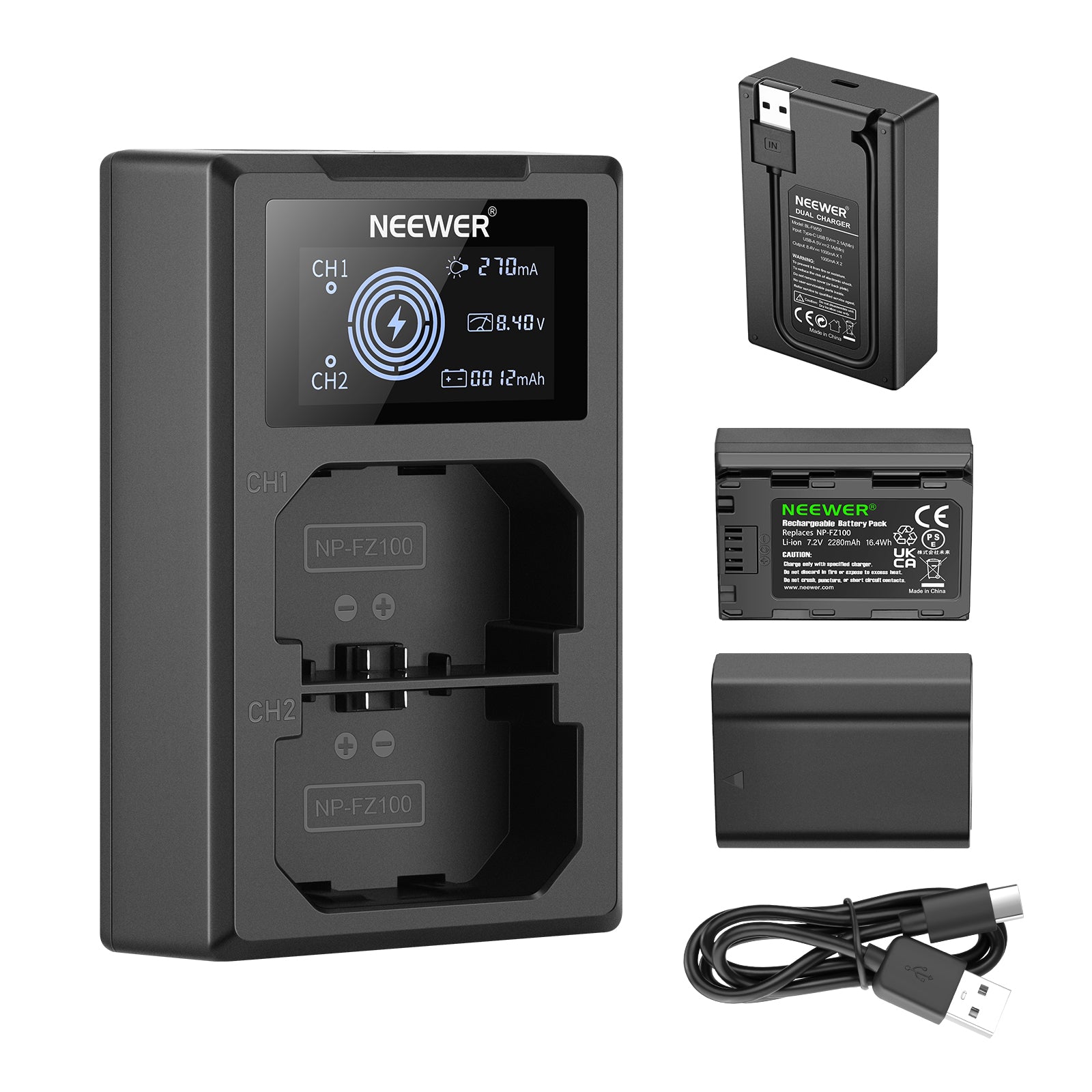 NEEWER Upgraded NP-FZ100 Replacement Battery & Dual USB Charger for Sony A7 III A7R III A9 - Perfect for Photography, Videography & Travel