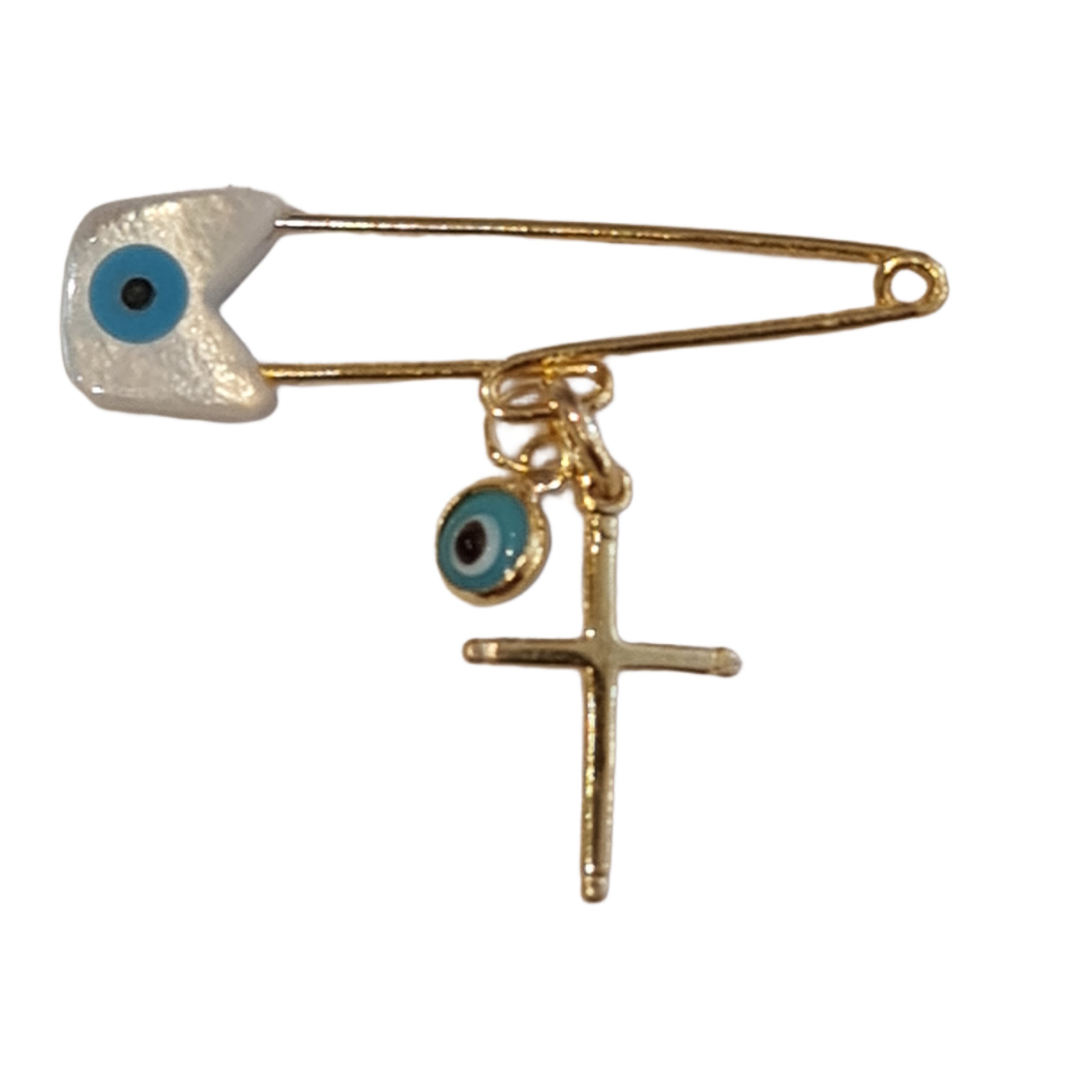 Milos Cross Baby Pin - Gold & Blue Evil Eye Protection Charm for Kids - Perfect for Gifts, Baptism, and Everyday Wear to Ward Off Negativity