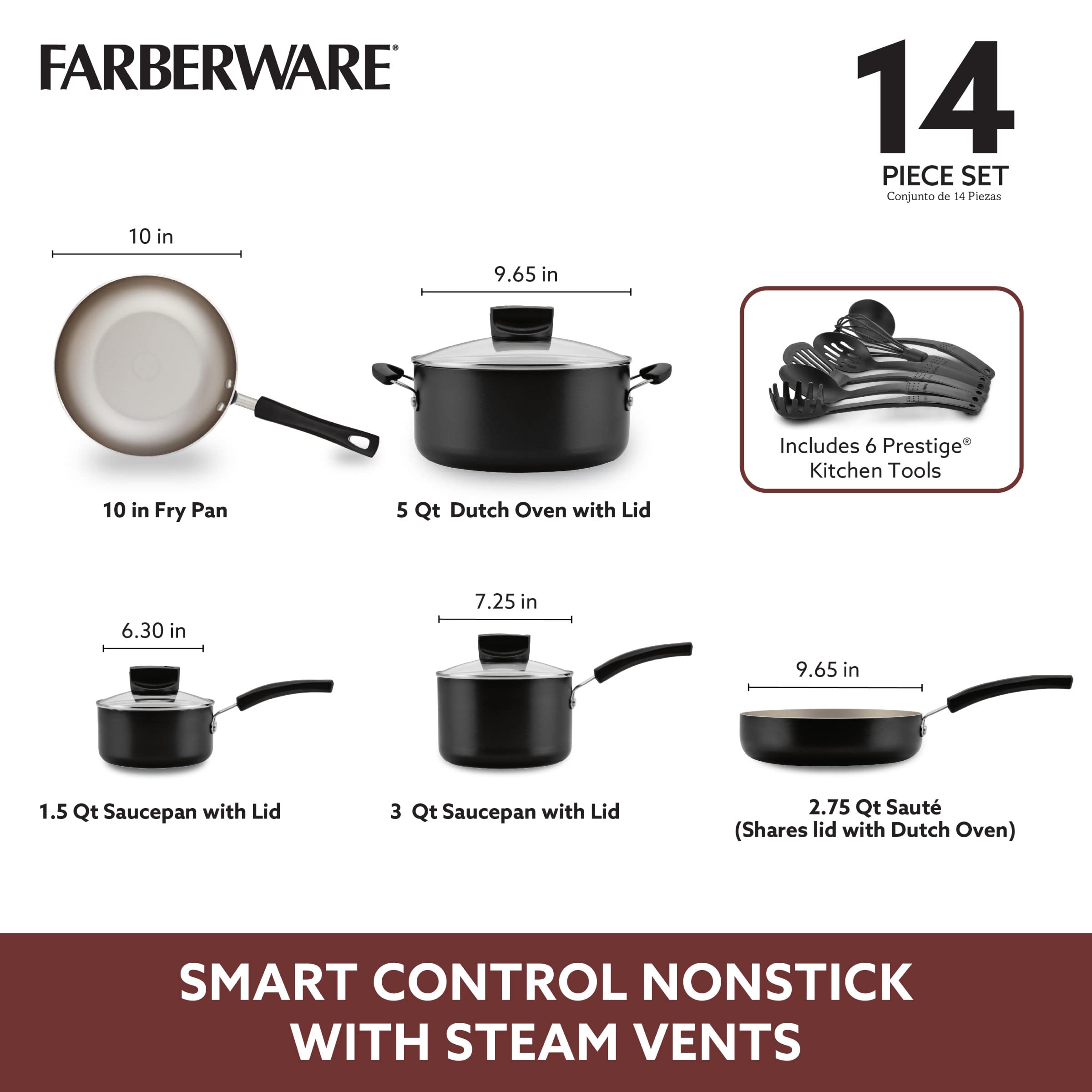 Farberware Smart Control Nonstick Cookware Set - 14-Piece Black Pots and Pans for Induction Cooking | Perfect for Home Kitchen, Restaurant & Professional Chefs