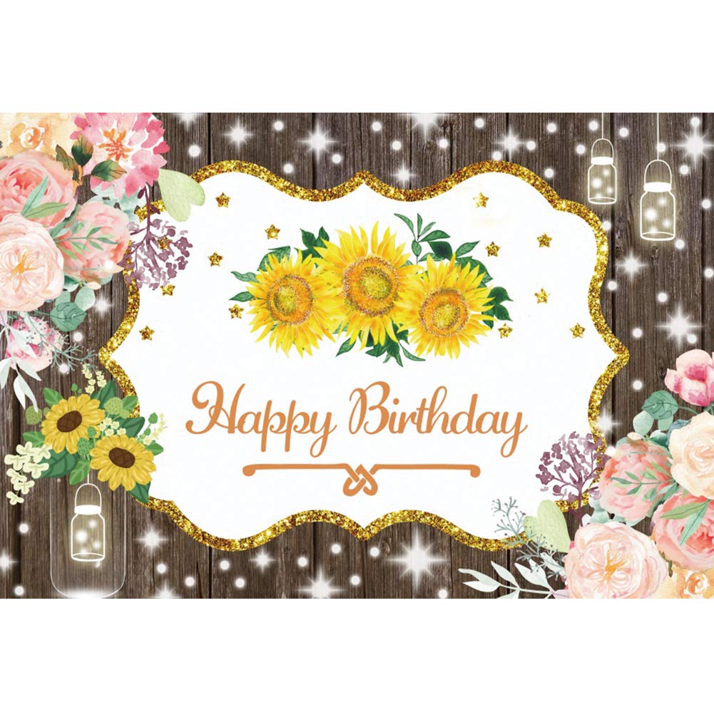 9x6ft Sunflower Happy Birthday Photography Backdrop - Rustic Wood Floor with Pink Flowers & Glitter Spots - Perfect for Birthday Parties, Baby Showers, Cake Tables & Photo Studio Props