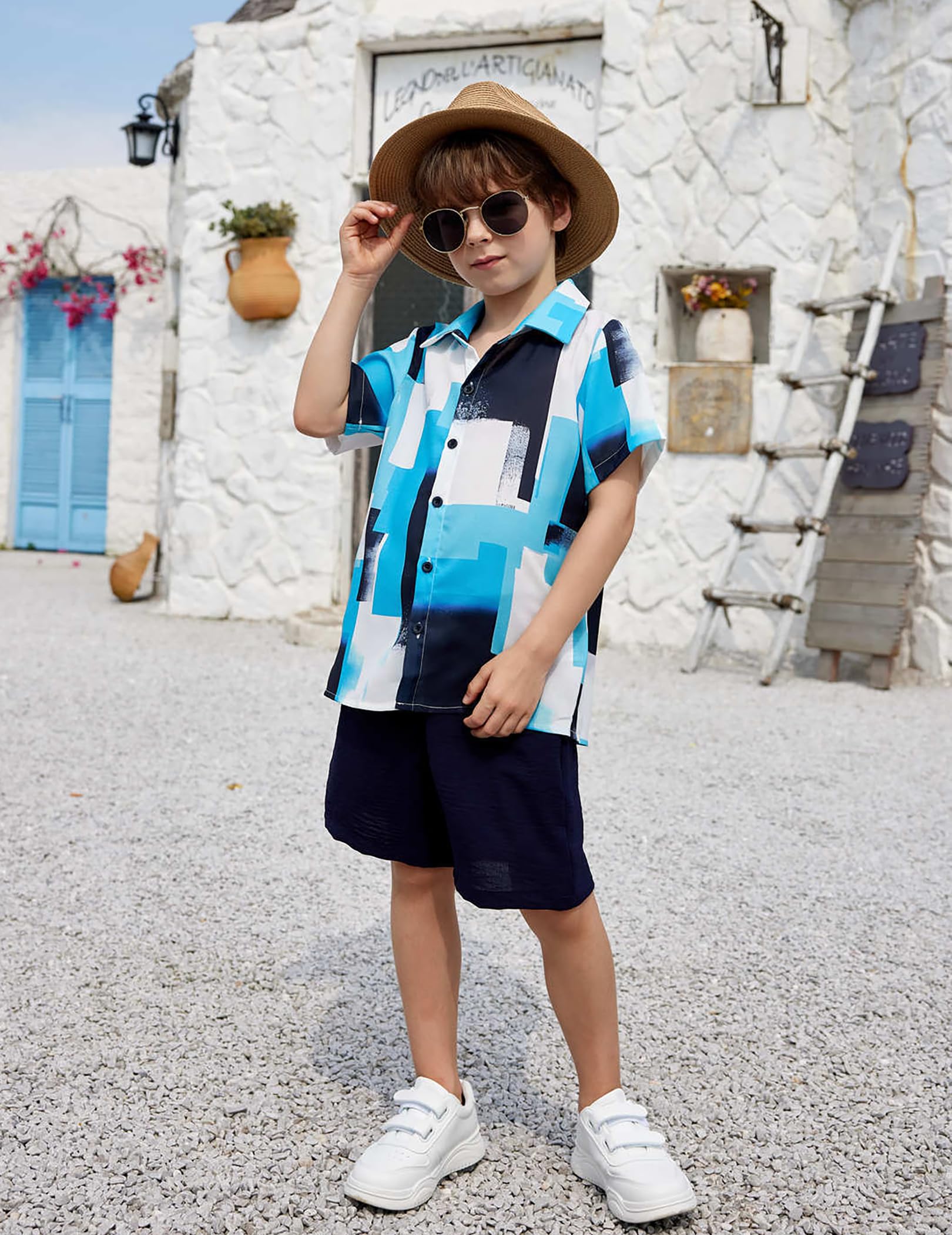 Arshiner Boys 2-Piece Hawaiian Outfit Set - Button Down Shirt & Shorts for Summer Beach Vacation | Casual Tropical Wear for Kids Ages 4-12 | Perfect for Beach Parties, Family Vacations and Summer Outings