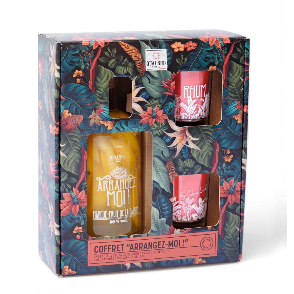 Premium Rum Gift Set with 2 Glasses - Exotic Mango Passion Fruit Flavor | Perfect for Cocktail Parties, Housewarming Gifts & Tropical-Themed Celebrations