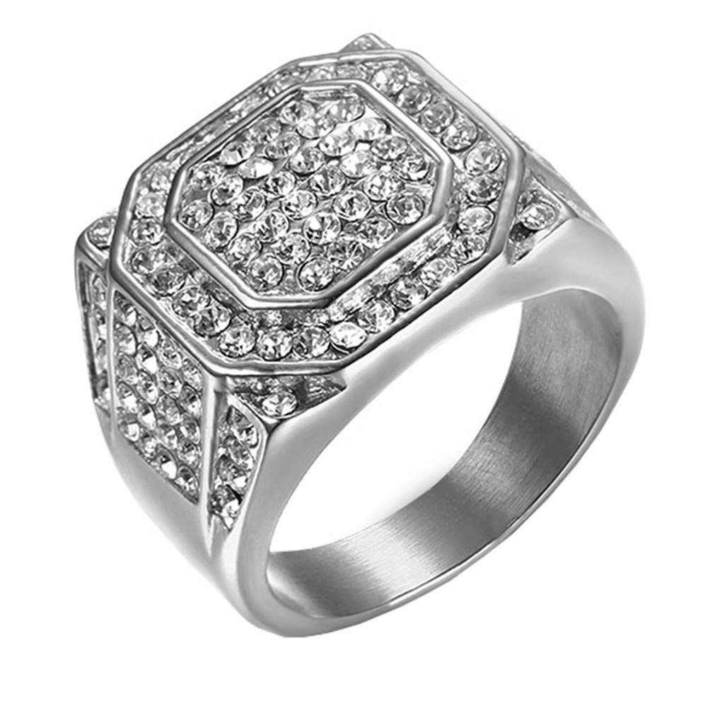 Men's Stainless Steel Hip Hop Iced Out Cubic Zirconia Square Ring - Micro Pave CZ Wedding Band for Men - Perfect for Prom, Anniversary & Everyday Luxury Jewelry