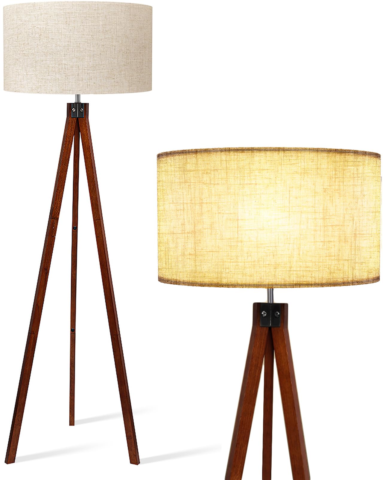 LEPOWER Mid Century Modern Wood Tripod Floor Lamp with Flaxen Shade - E26 Base Brown Standing Light for Living Room, Bedroom, Study & Office - Perfect for Reading, Working & Ambient Lighting