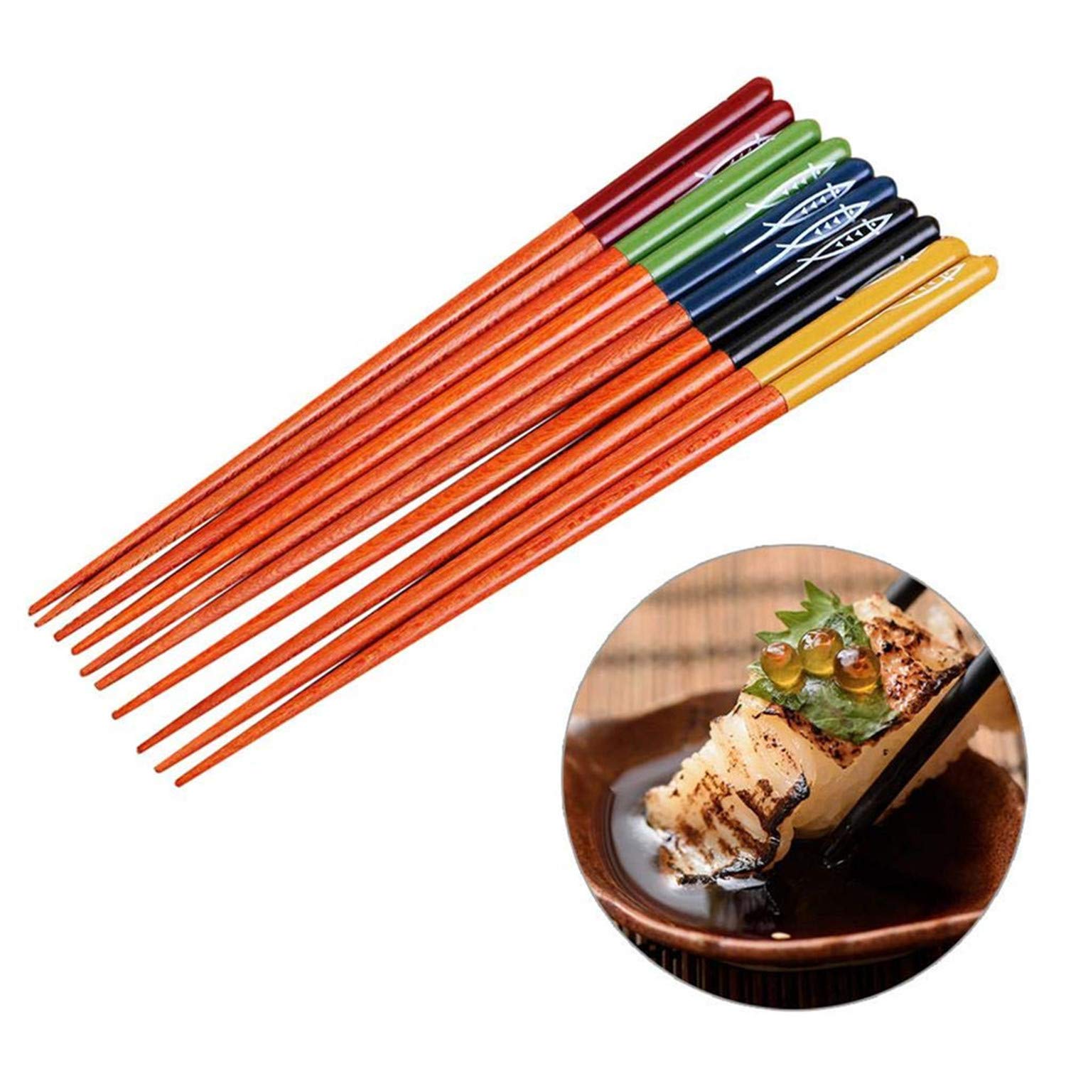 5 Pairs Traditional Japanese Wooden Chopsticks - 9 Inch Fish Pattern Reusable Non-Slip Chopsticks Set | Dishwasher Safe | Perfect for Sushi, Asian Cuisine & Home Dining
