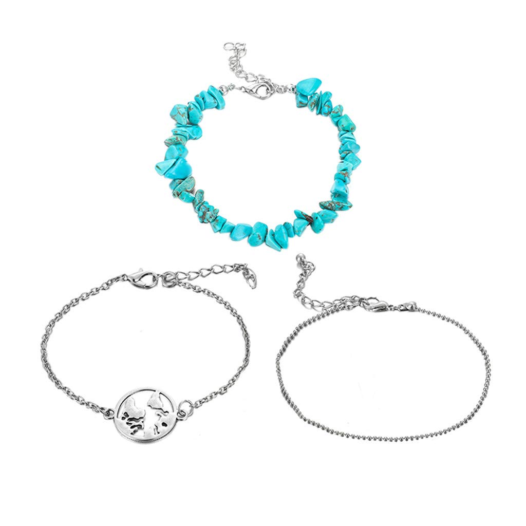 Turquoise Bohemian 3 Map Anklet Jewelry - Creative Alloy Layered Fashion Ankle Bracelet with Rings Set (Green, One Size) - Perfect for Beach Vacations, Music Festivals & Boho Style Outfits