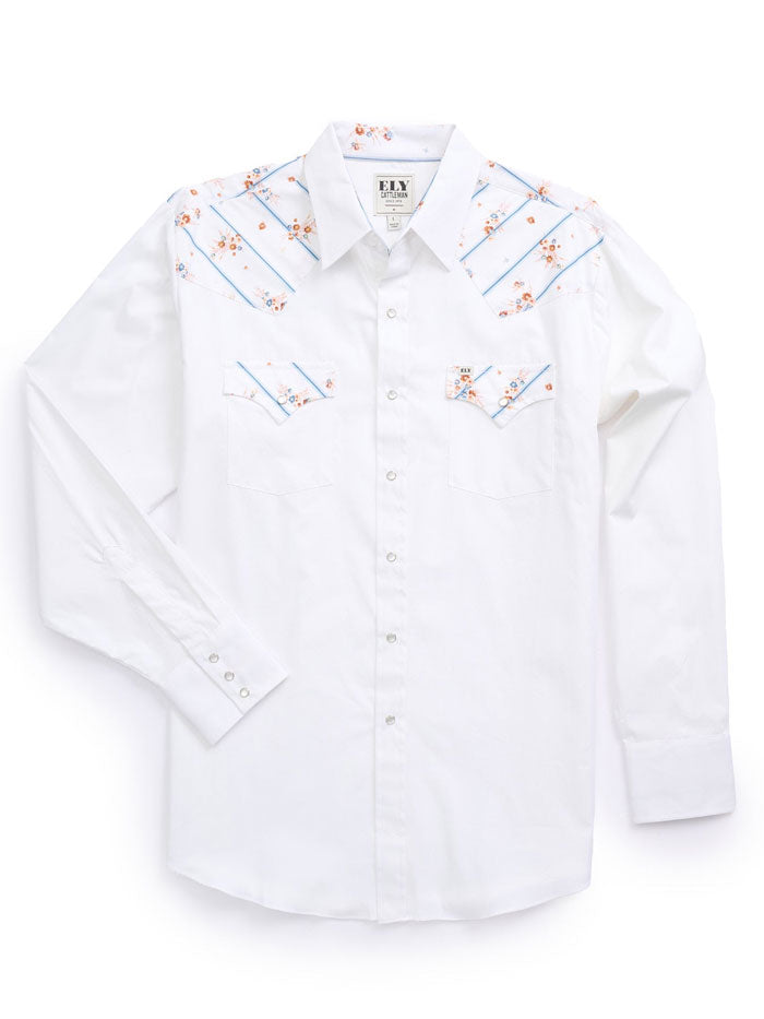 Ely Cattleman Men's Western Snap Shirt - White Floral Stripe Print Cowboy Shirt for Rodeo, Country Music Festivals & Casual Wear