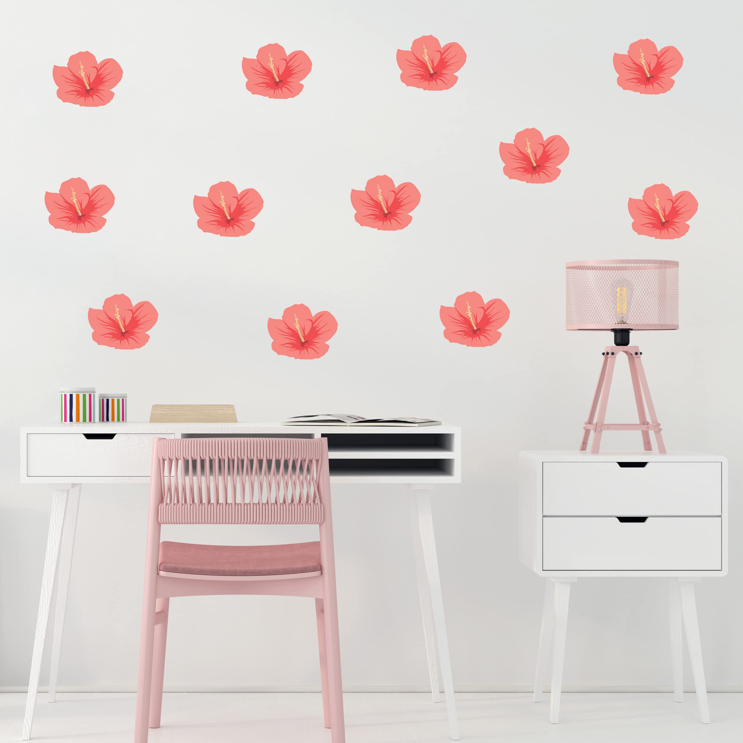 Hibiscus Flower Wall Decals - Set of 12 Pink Tropical Removable Peel and Stick Wall Stickers for Home Decor | Perfect for Nursery, Bedroom, Bathroom & Living Room | Easy DIY Indoor Wall Art
