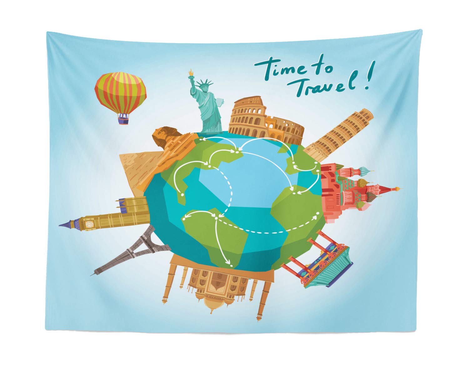 Ambesonne Travel Tapestry - World Landmarks & Hot Air Balloon Design Fabric Wall Art for Bedroom, Living Room, Dorm Decor - 28x23 Inch Multicolor - Perfect for Bohemian Home Decor, Travel Theme Parties & College Dorm Wall Hanging