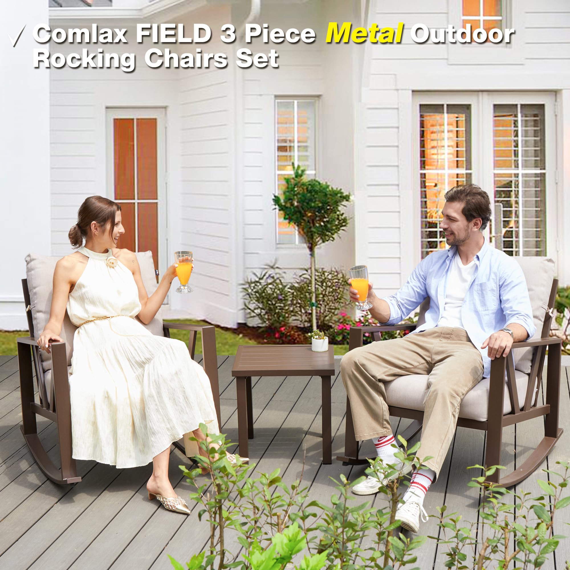 2-Piece Outdoor Rocking Chair Set with Coffee Table - 3-Piece Metal Patio Bistro Conversation Furniture for Porch, Garden & Backyard - Beige Weather-Resistant Outdoor Seating