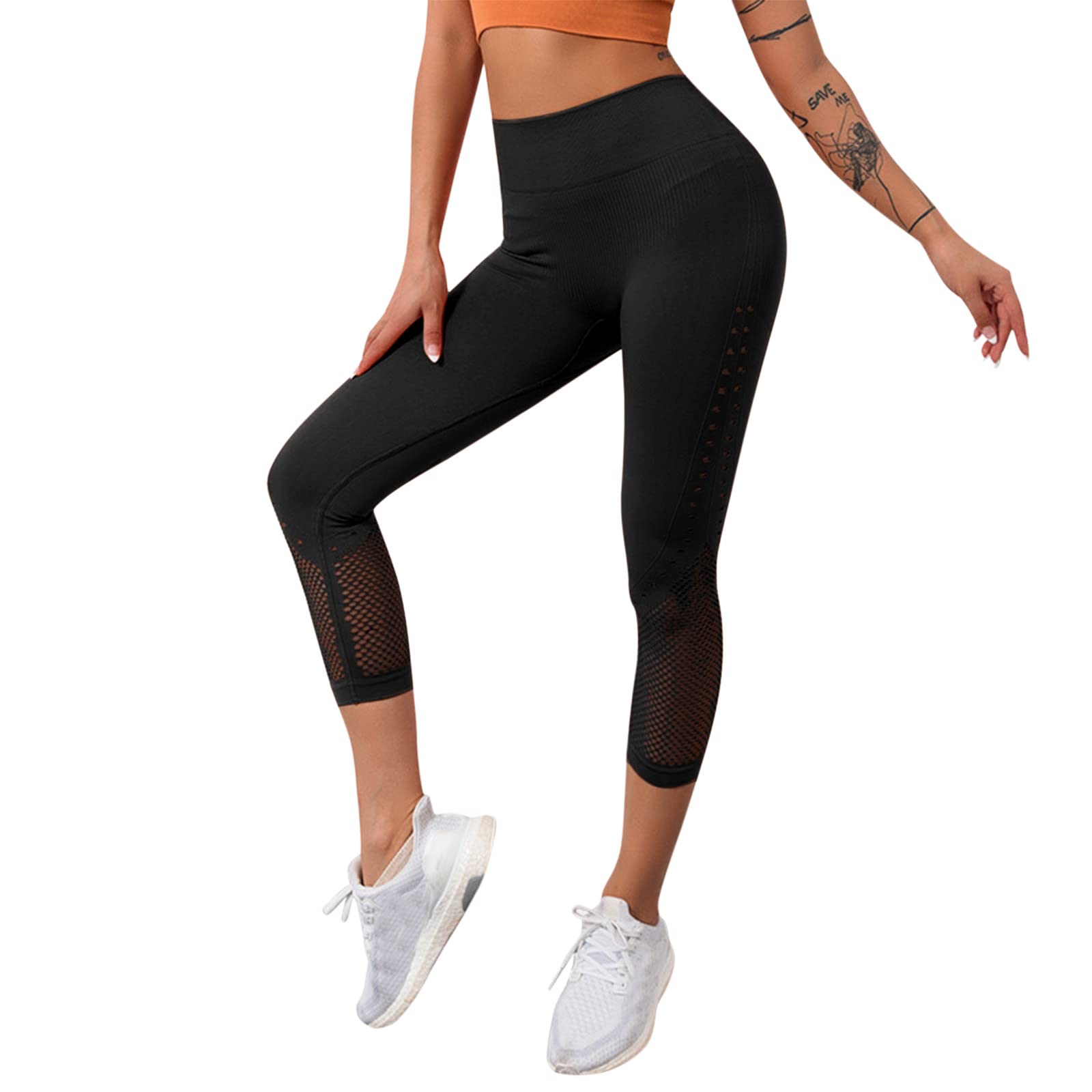 AOXUSM Women's High Waist Mesh Hollow Out Seamless Yoga Pants - Breathable Running Workout Leggings for Gym, Fitness & Lounge Wear