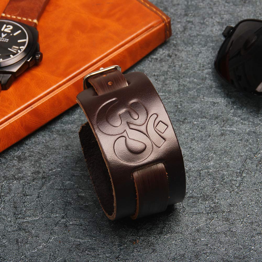 Adjustable Alloy Leather Bracelet with Mantra Sanskrit Om Mani Padme Hum - Unisex Religious Cuff Bangle for Men & Women - Perfect for Meditation, Yoga, and Spiritual Gifts