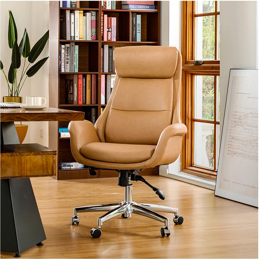 Glitzhome Modern High Back PU Leather Office Chair - Adjustable Lumbar Support Ergonomic Computer Desk Chair, Swivel Task Chair for Home & Executive Workspaces (Camel) | Perfect for Long Work Hours & Gaming Sessions