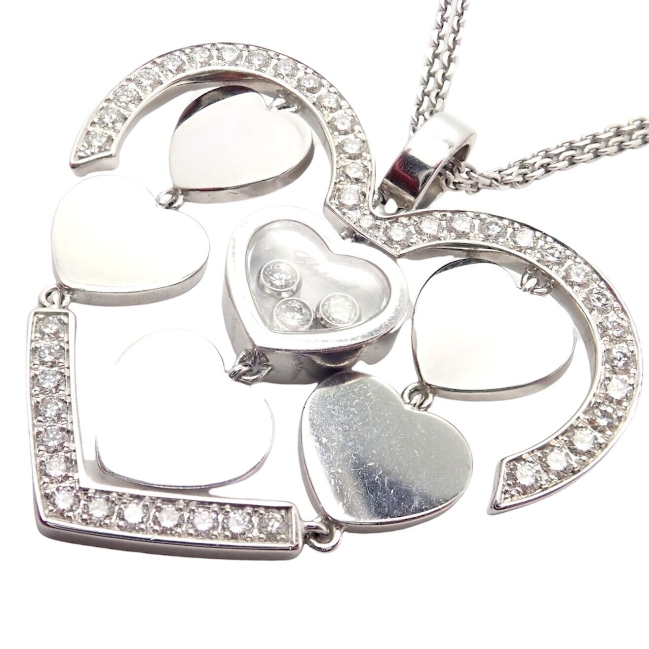 Authentic Chopard 18k White Gold Large Double Happy Hearts Diamond Necklace for Women - Luxury Valentine's Gift, Anniversary Jewelry & Special Occasion Present