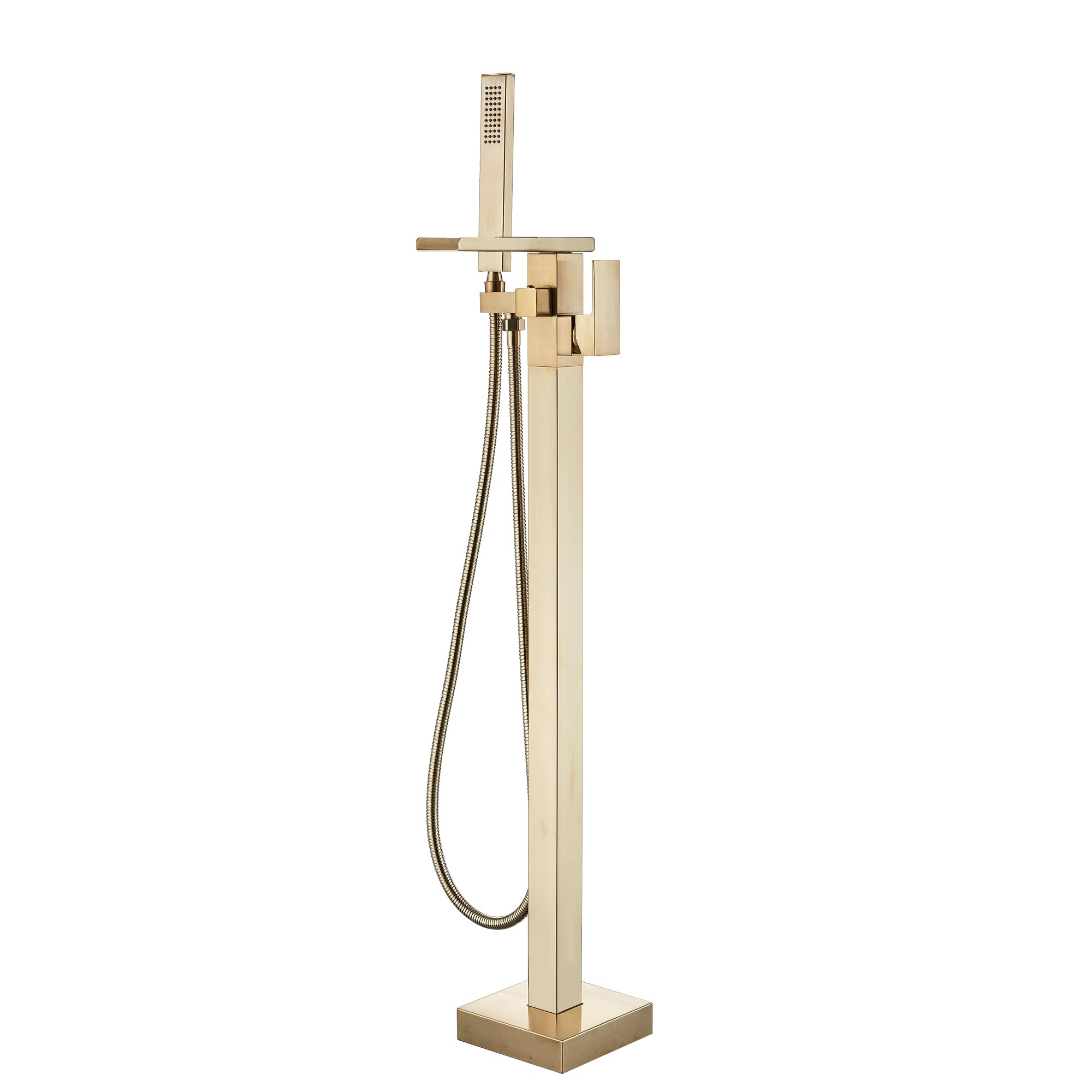 Votamuta Freestanding Bathtub Faucet - Brushed Gold Waterfall Floor Mount Tub Filler - Solid Brass Single Handle Bathroom Faucet with Hand Shower Mixer Tap & 360° Swivel Spout - Perfect for Modern Luxury Bathrooms & Spa Retreats
