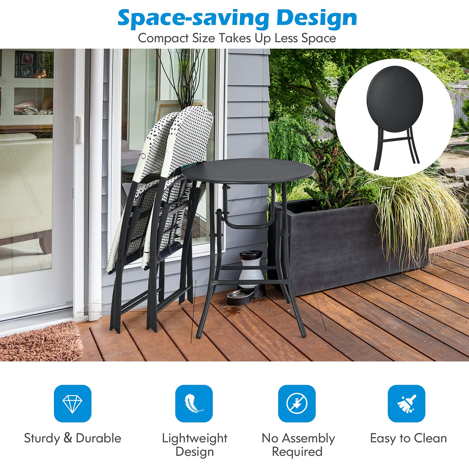 Tangkula 3-Piece Patio Bistro Set - Outdoor Folding Dining Table with 2 Rattan Chairs, Space-Saving Furniture for Poolside, Balcony, Garden & Backyard | Perfect for Small Spaces, Outdoor Entertaining & Relaxing