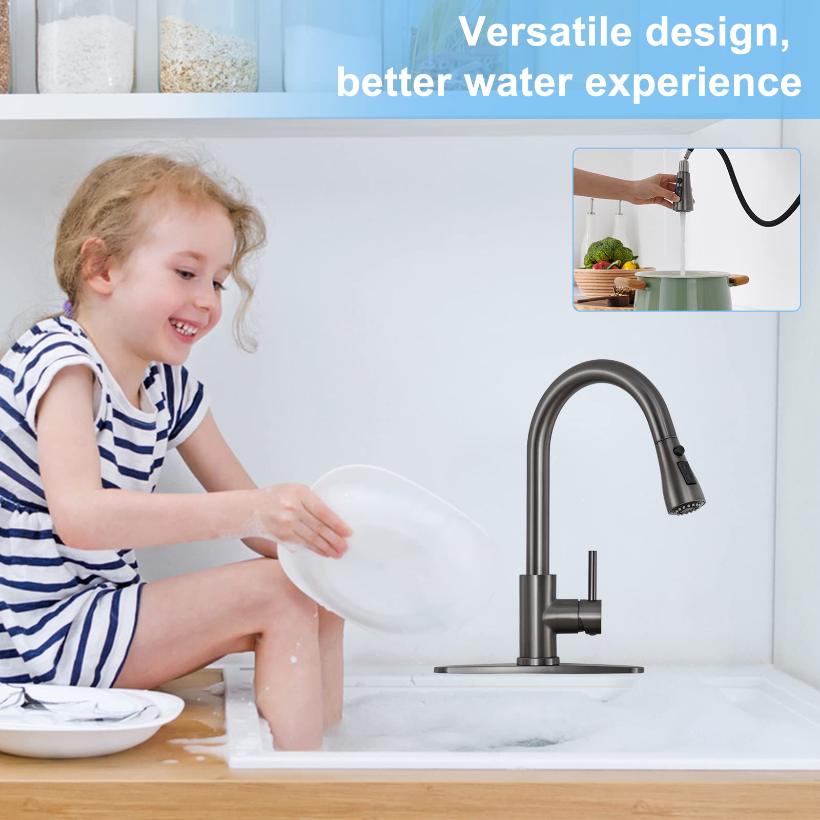 Brushed Nickel Kitchen Faucet with Pull-Down Sprayer - Sleek, Classic Design for Effortless Cleaning, Matte Gray Finish, Perfect for Modern and Traditional Kitchens