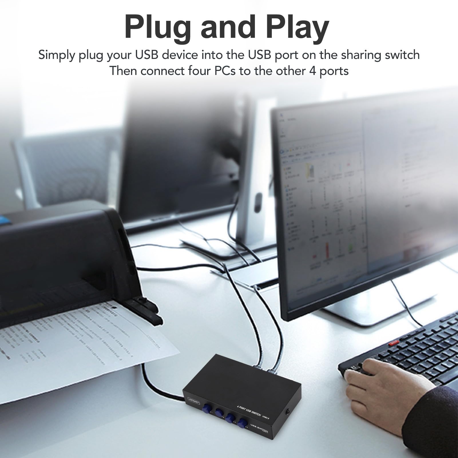 4-Port USB 2.0 Switch Hub for Printer, Scanner, Camera - GOWENIC