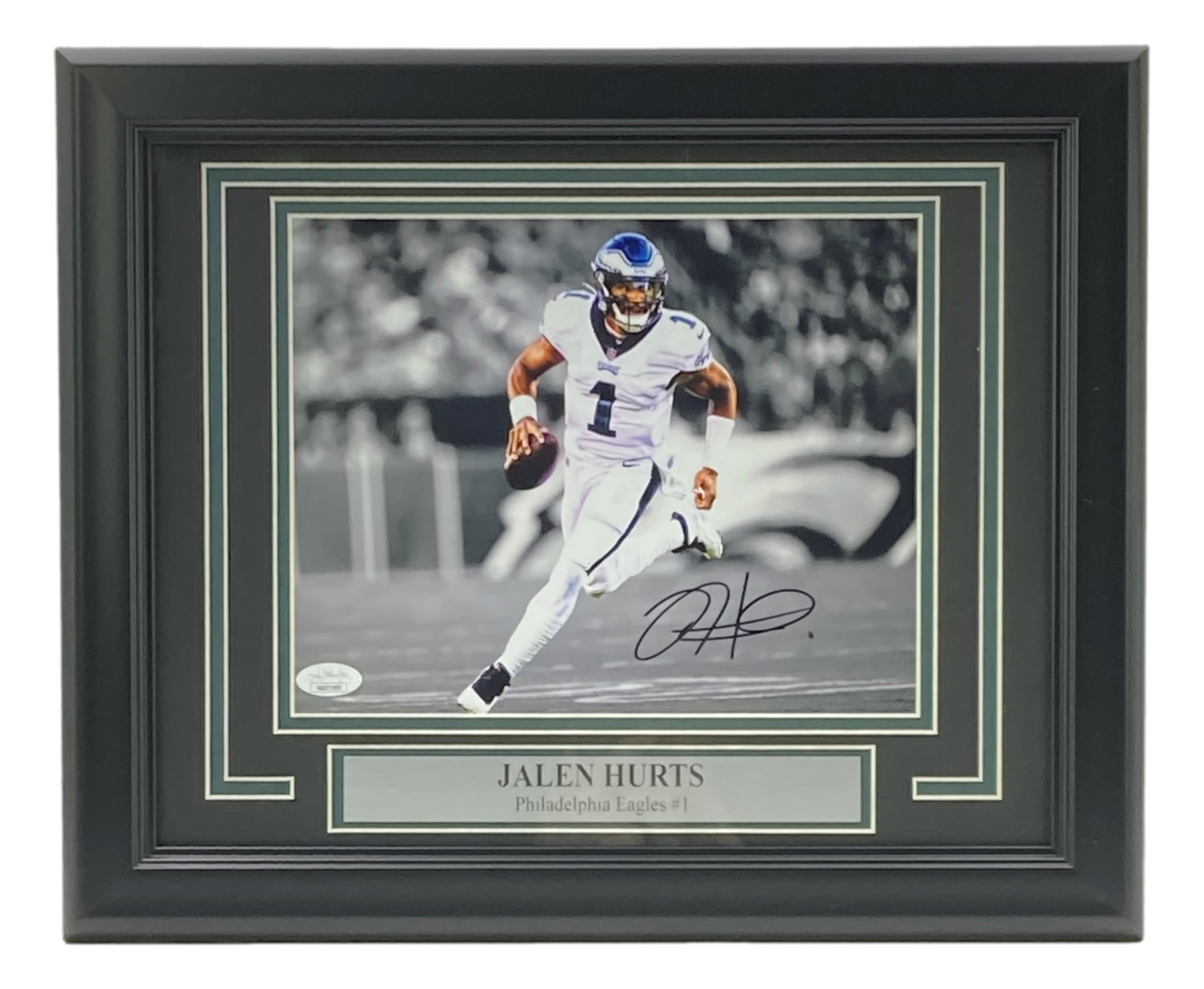Authentic Jalen Hurts Signed 8x10 Photo - Philadelphia Eagles White Jersey Framed with JSA ITP Certificate - Perfect for Eagles Fans, Sports Memorabilia Collectors & Man Cave Decor