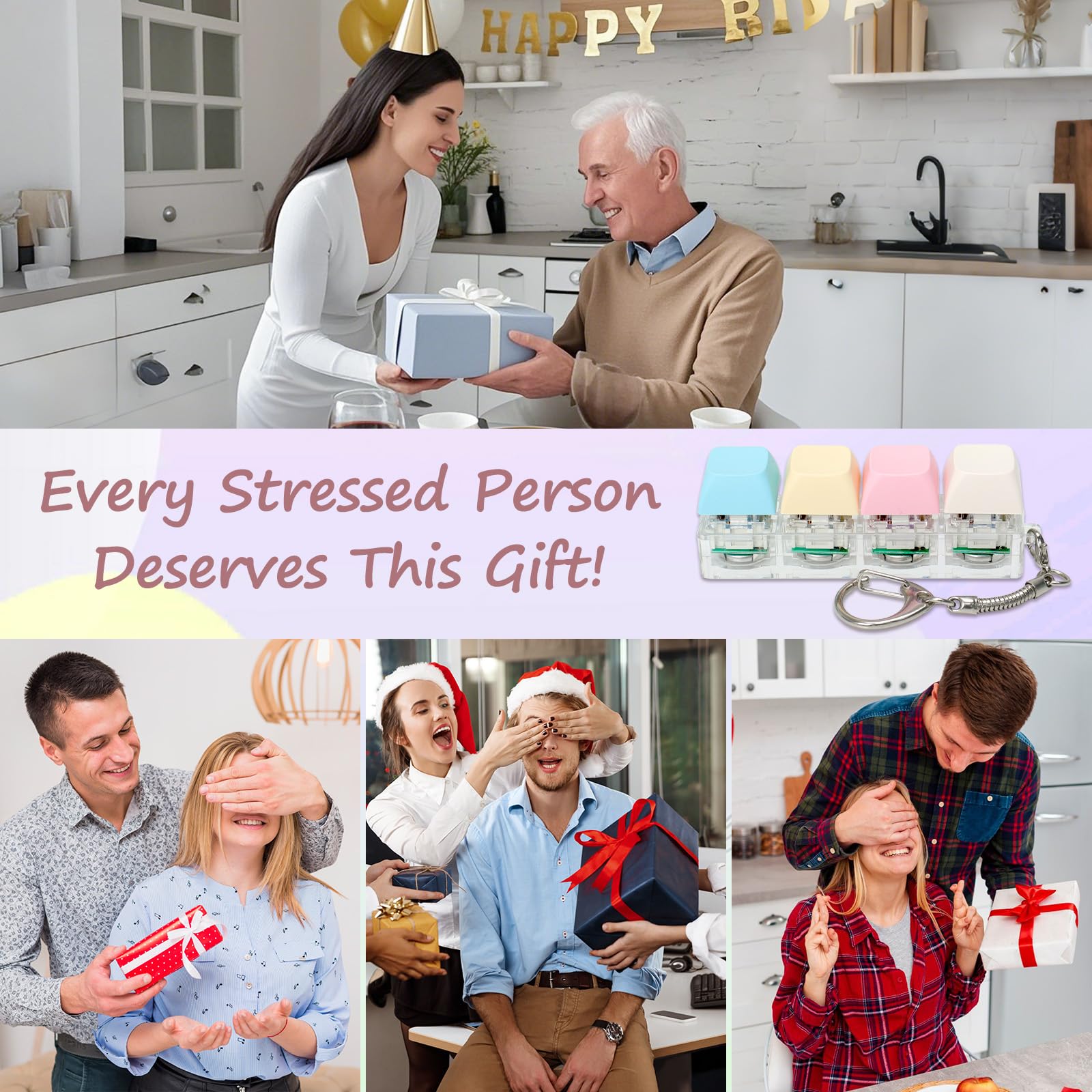 LED Light Keyboard Fidget Toys for Adults - 4 in 1 Sensory Clicker Keychain for Anxiety Relief & Stress Decompression (Macaroon Style) - Perfect for Office, Travel, and Classroom Focus