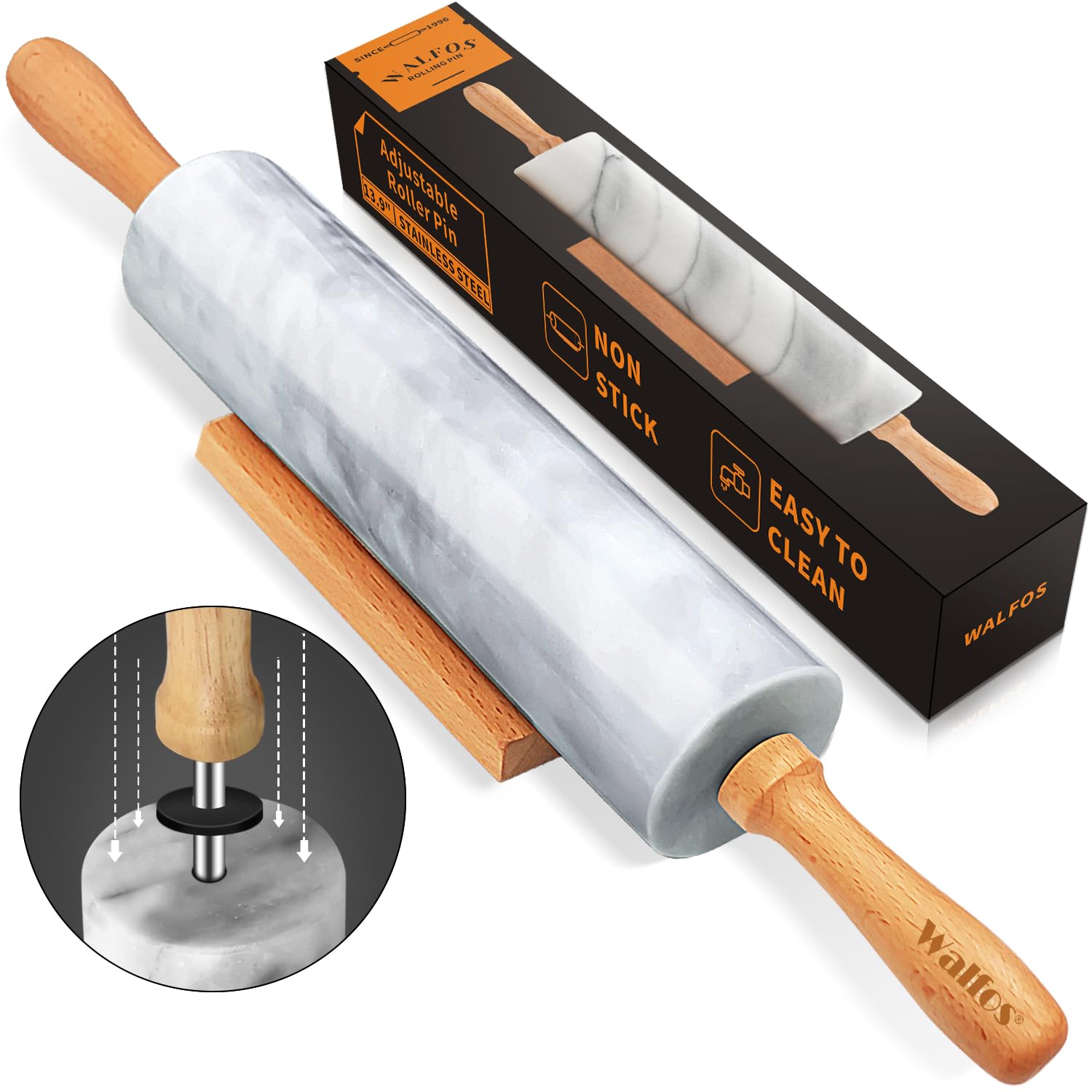 Walfos 16.5 Inch Marble Rolling Pin with Wooden Handles & Wood Cradle - Premium Gray & White Dough Roller for Pizza, Tortillas, Pie Crust, Cookies & Pasta - Perfect for Home Baking and Professional Kitchen Use
