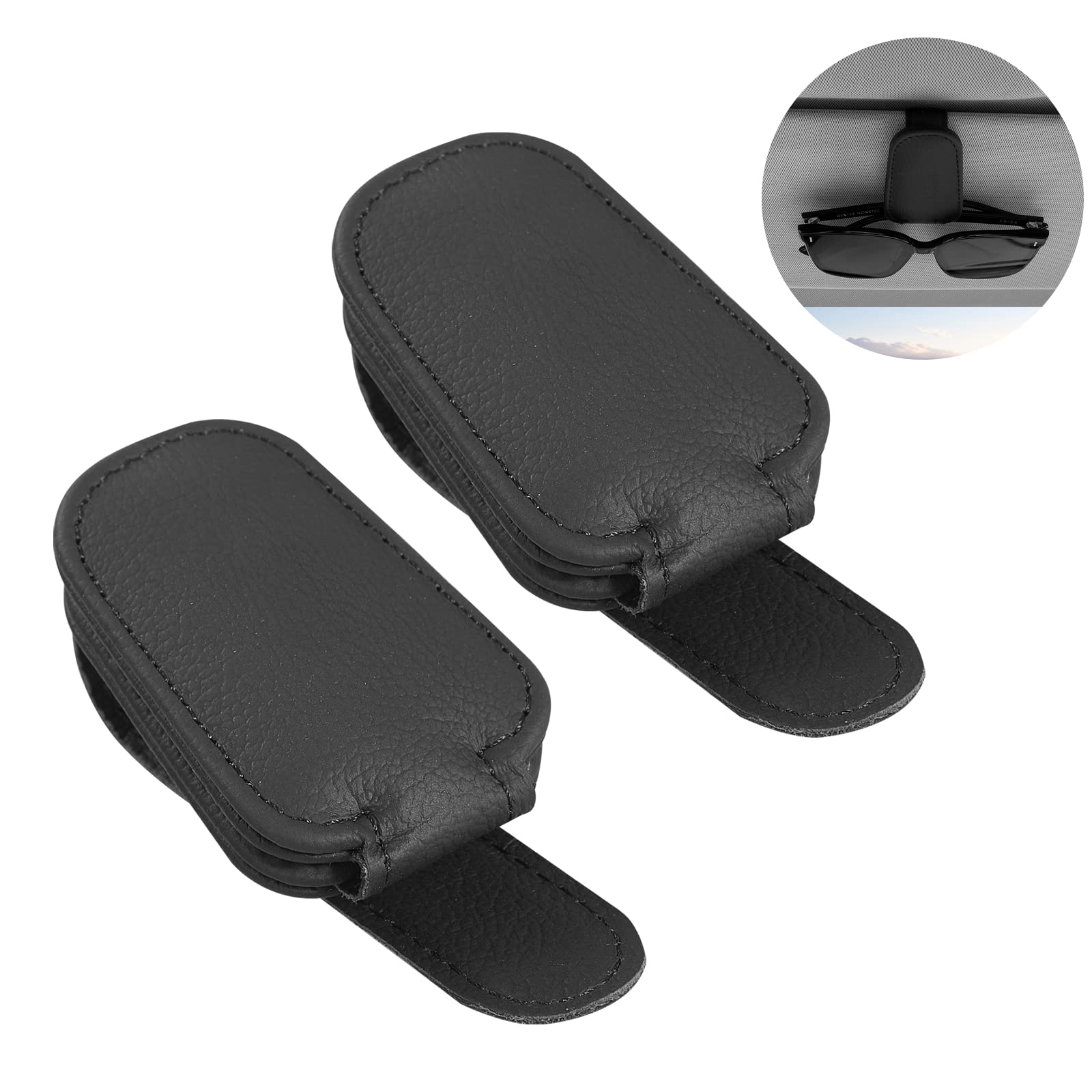 2 Pack Magnetic Leather Sunglass Holder for Car Visor - Black Eyeglass Hanger Clip Organizer | Perfect for Driving, Road Trips & Daily Commute