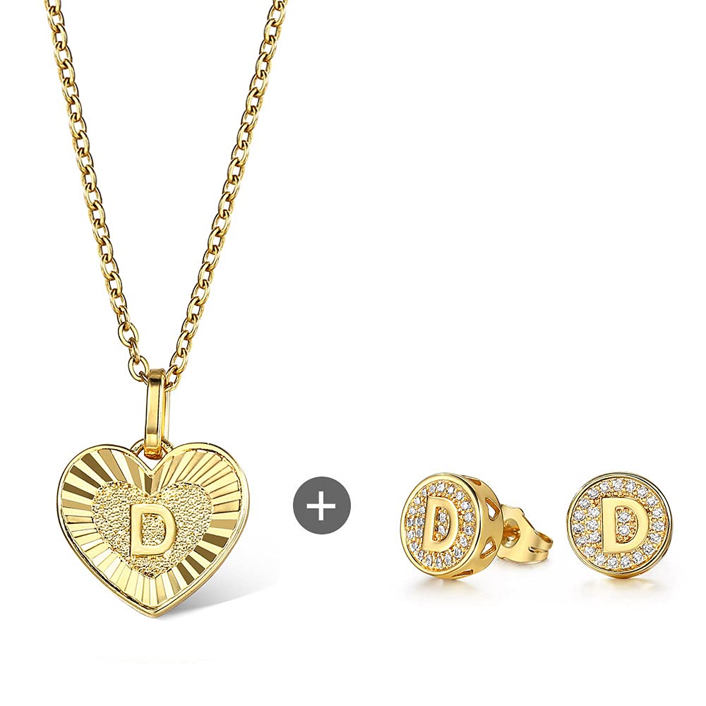 Trendy Heart Love Initial Letter D Pendant Necklace with CZ Stud Earrings Set for Women & Girls - Perfect Jewelry Gift for Valentine's Day, Anniversary & Birthday