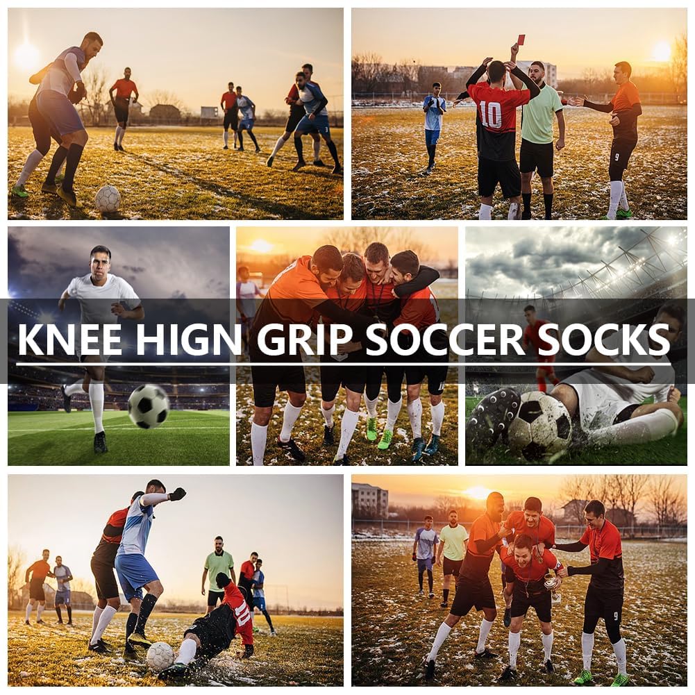 4 Pair Non-Slip Grip Soccer Socks for Men - Knee High Football & Baseball Sports Socks with Anti-Slip Pads for Enhanced Performance on Field & Court