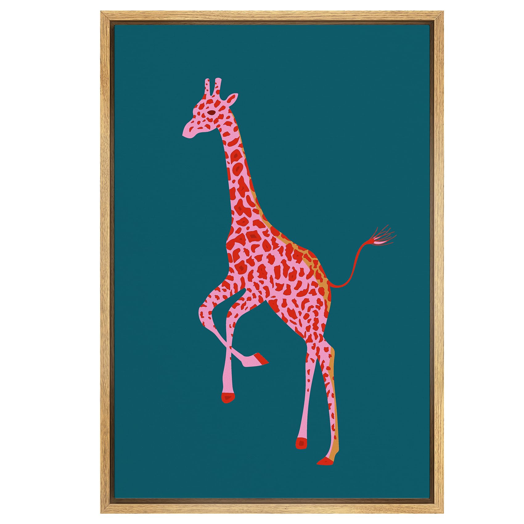 Preppy Pink African Cartoon Giraffe Framed Canvas Wall Art - 16x24 Inch Nature Wildlife Animal Portrait Boho Chic Decor for Living Room, Bedroom, Office | Perfect for Nursery, Dorm & Gift Giving