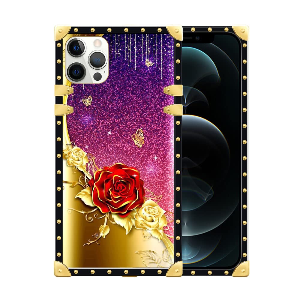 Luxury Square Glitter Rose iPhone 12 Pro Max Case for Women - Shockproof Full Body Protection with Soft TPU & Metal Plating Corners - Perfect for Daily Use, Work, and Special Occasions