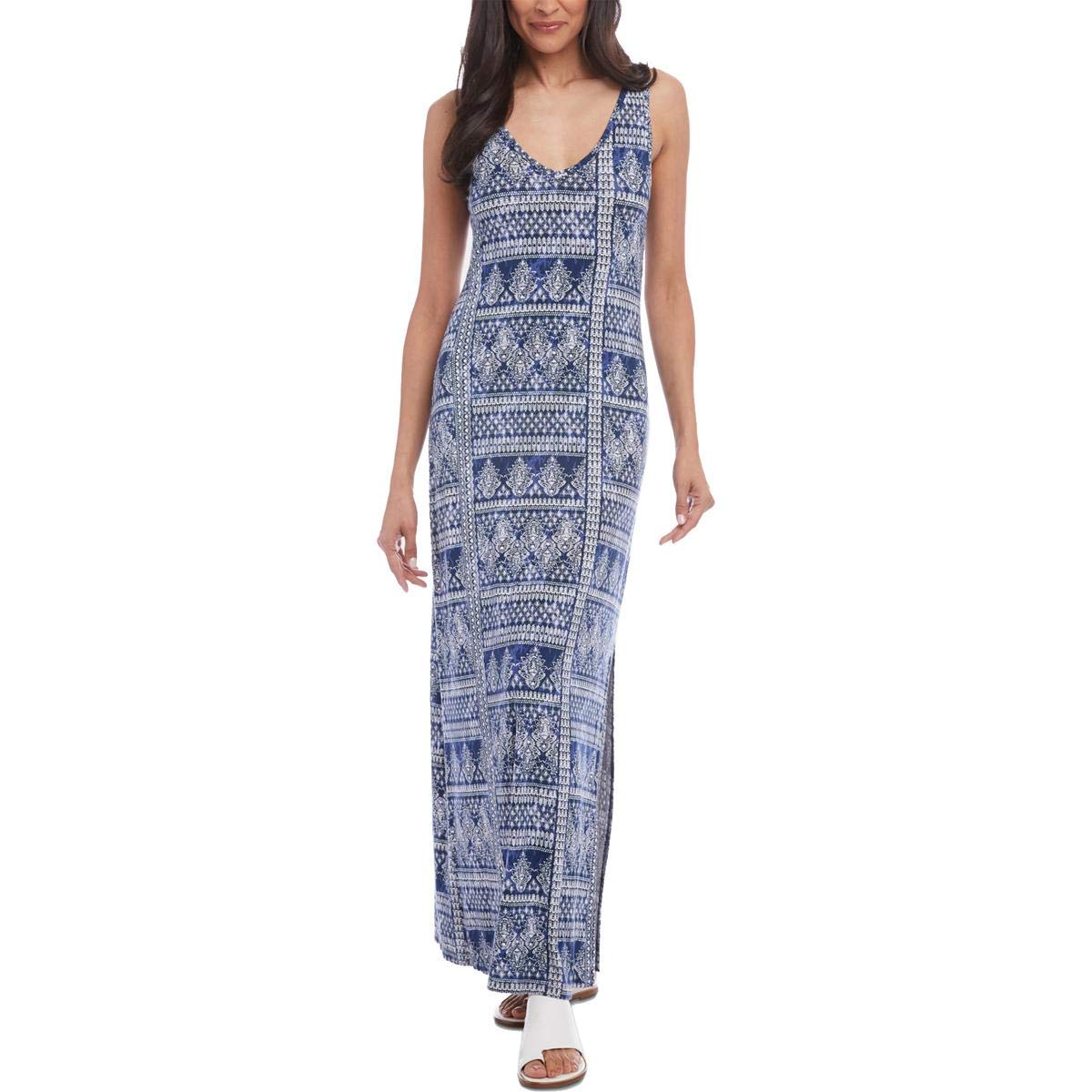 Karen Kane Women's Alana Printed Side Slit Maxi Dress - Navy Blue, Size L | Flowy Summer Beach Dress for Vacation, Party & Casual Wear