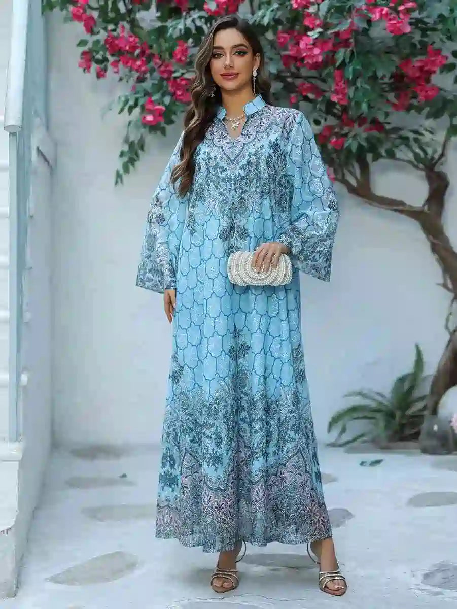 Elegant Eid Dress for Women - Embroidered Caftan Kaftan Dress with Floral Print #25436 - Perfect for Eid Celebrations, Weddings & Special Occasions