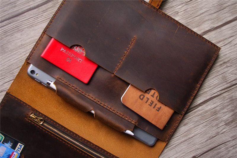 Premium Embossed Brown Leather Portfolio Folder for Men - Professional Document Organizer for Business, Office & Meetings