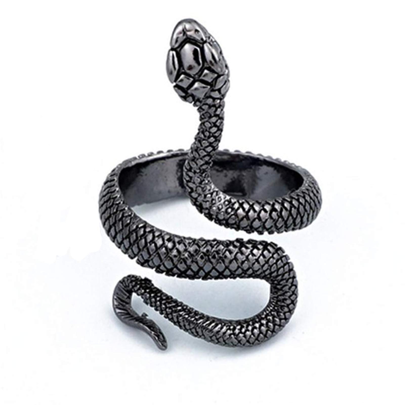 Gothic Black Snake Ring for Women - Adjustable Open Knuckle Punk Silver Serpent Band - Stackable Reptile Jewelry for Halloween Costume Accessories & Gothic Fashion Outfits