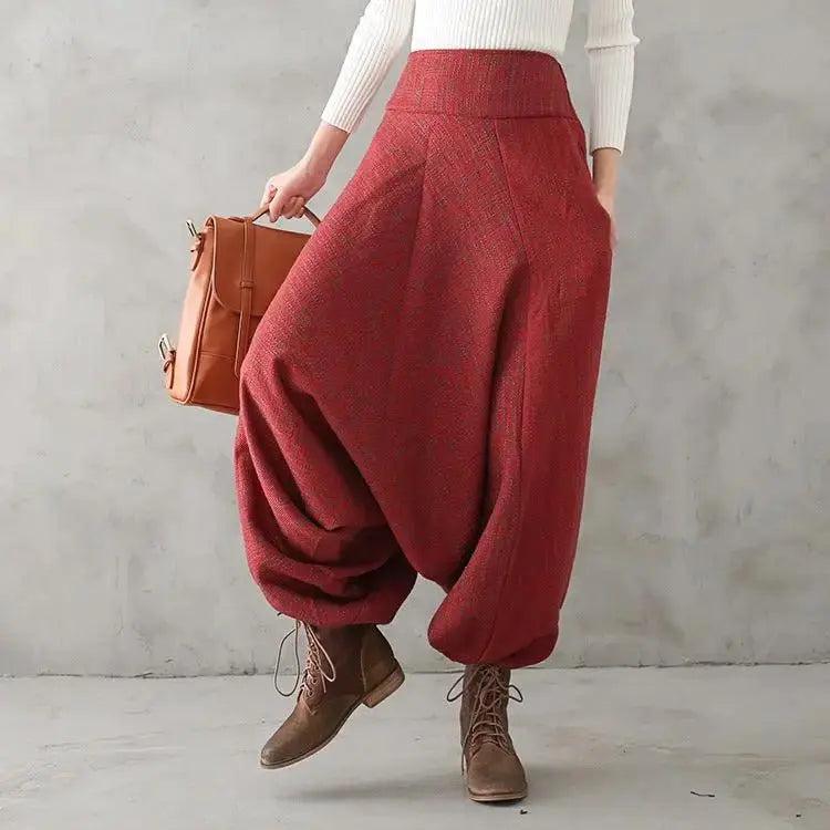 Bohemian Red Linen High Waisted Drop Crotch Harem Pants for Women - Comfortable Loose Fit Yoga Lounge Pants for Travel, Beach & Boho Fashion