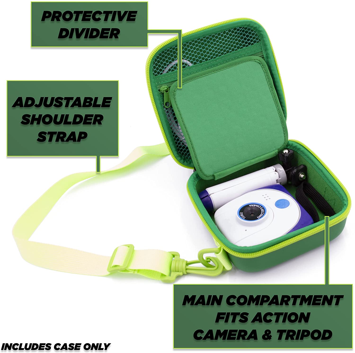 CASEMATIX Waterproof Travel Camera Case for Little Tikes Tobi 2 Director's Camera - Compatible with Tripod & Charging Cable - Durable Green Protective Storage Bag for Kids Travel, School Projects & Outdoor Adventures