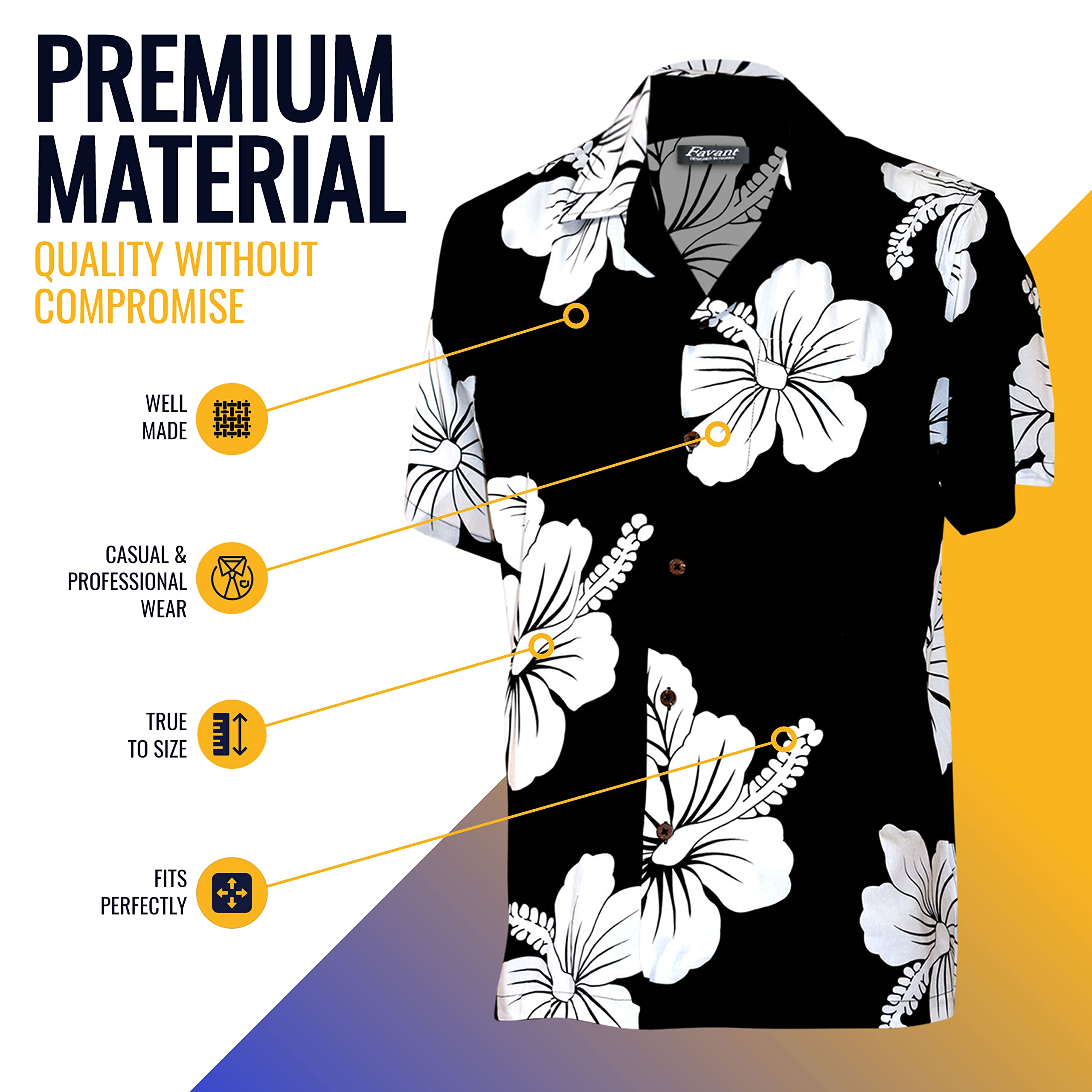 Favant Hawaiian Shirts for Men - Lightweight Quick-Dry Hibiscus Print Beach Shirt | Comfortable Aloha Shirt for Summer Vacation, Pool Party & Tropical Getaways