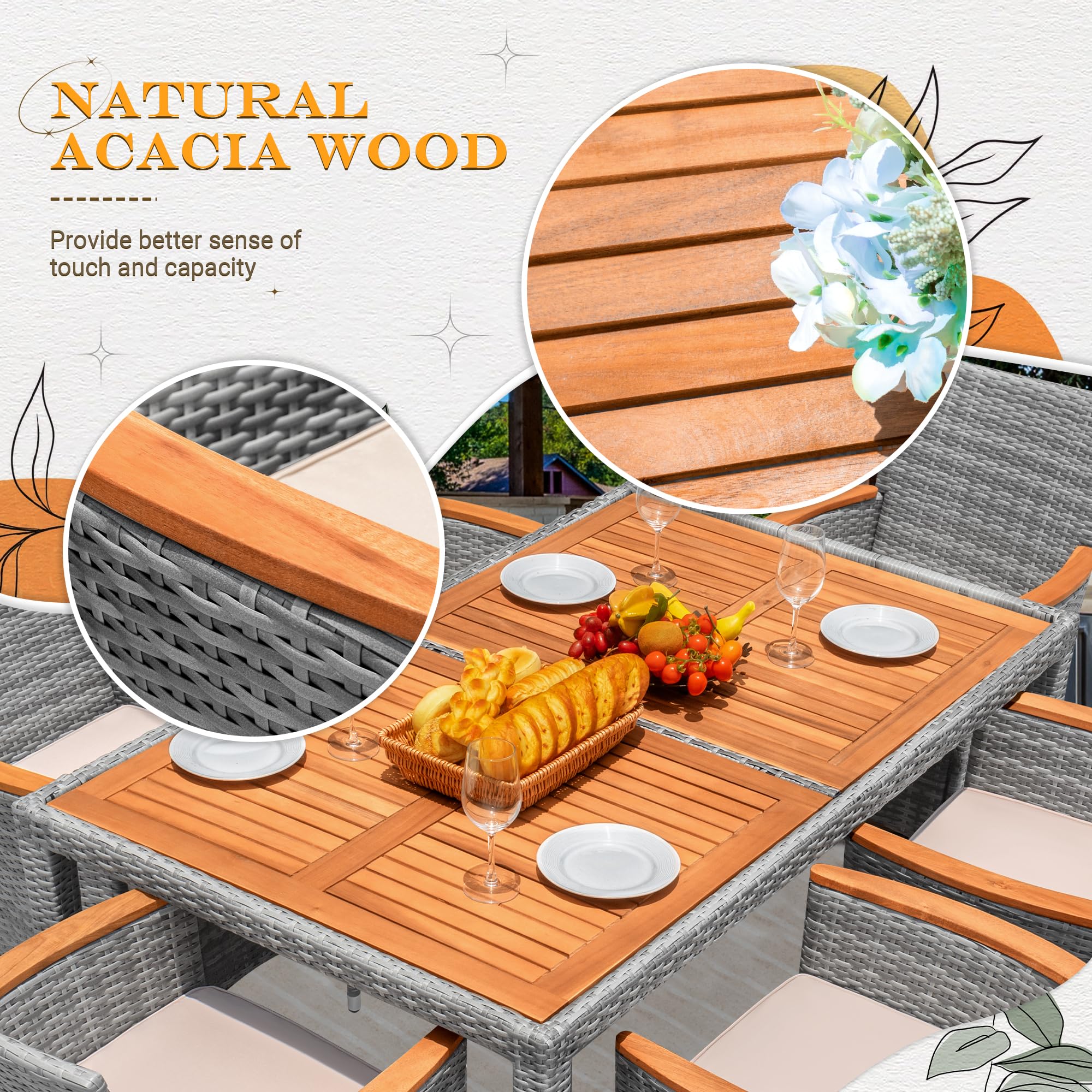 Premium 7-Piece Acacia Wood Patio Dining Set with Soft Cushions - Outdoor Wicker Furniture for Deck, Backyard & Garden - Weather-Resistant Grey Set for Al Fresco Dining & Entertaining