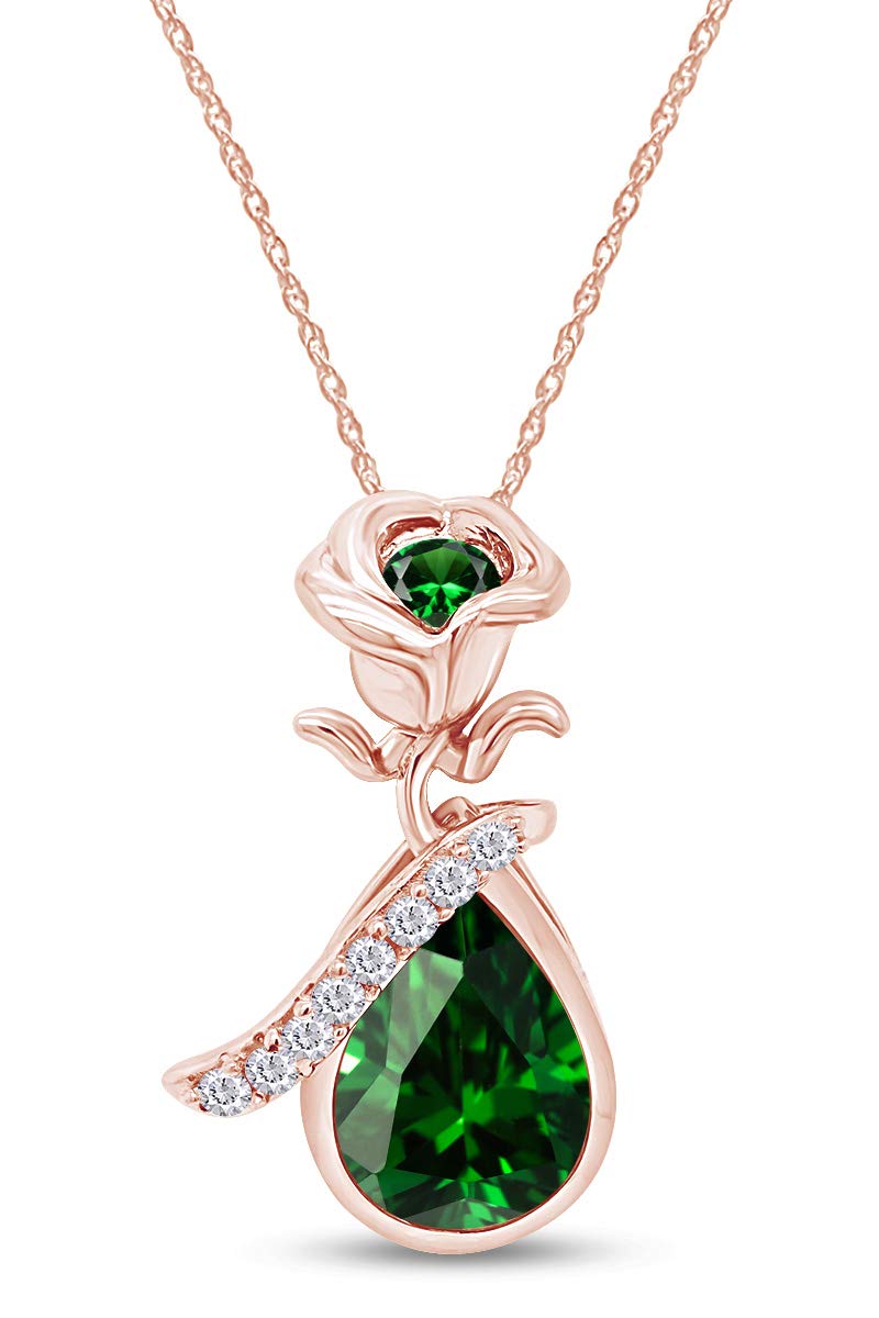 14K Rose Gold Over Sterling Silver Simulated Birthstone Teardrop Pendant Necklace with Floral Bezel Setting - Elegant Jewelry Gift for Women, Mothers, Wives (Perfect for Anniversaries, Birthdays & Valentine's Day)