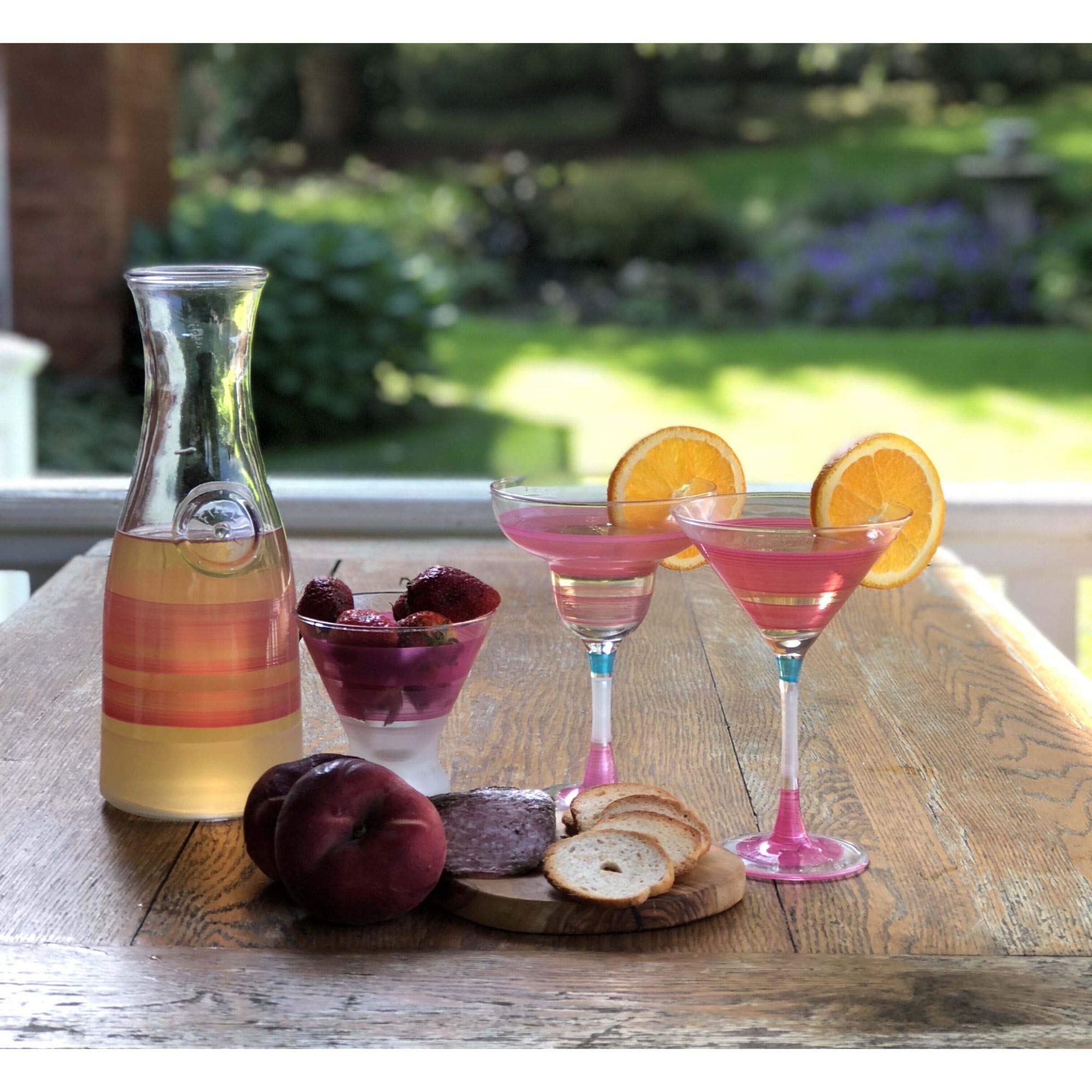 Vintage Pink Striped Hand-Painted Martini Glasses Set of 2 - 7.5 oz Cocktail Cups for Home Bar, Dinner Parties & Retro-Themed Events