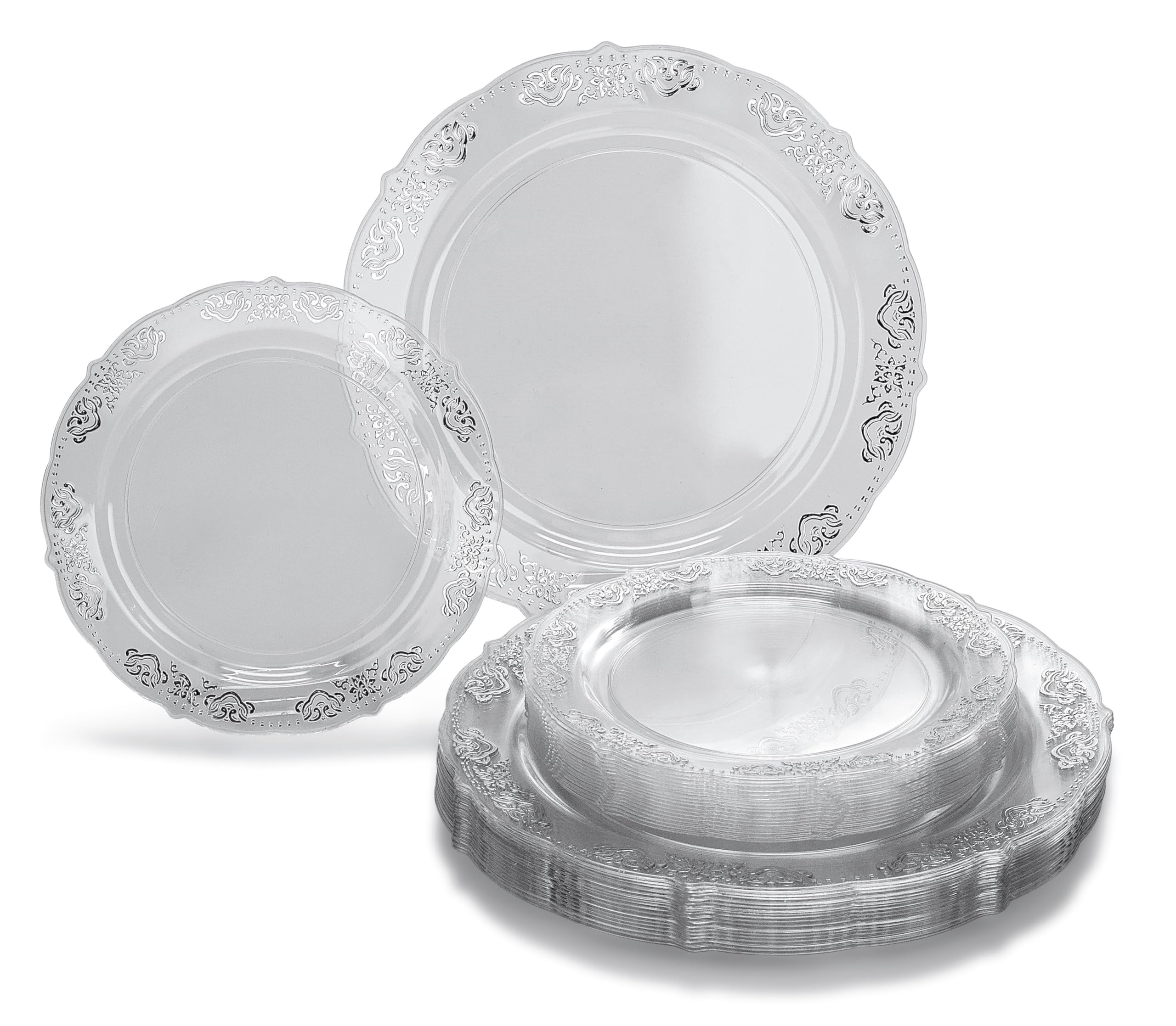 240-Piece Vintage Wedding Party Disposable Plastic Plates Set - 120x10.25'' Dinner Plates + 120x7.5'' Salad/Dessert Plates (Portofino Clear & Silver) for 120 Guests - Perfect for Weddings, Anniversaries, Banquets & Formal Events