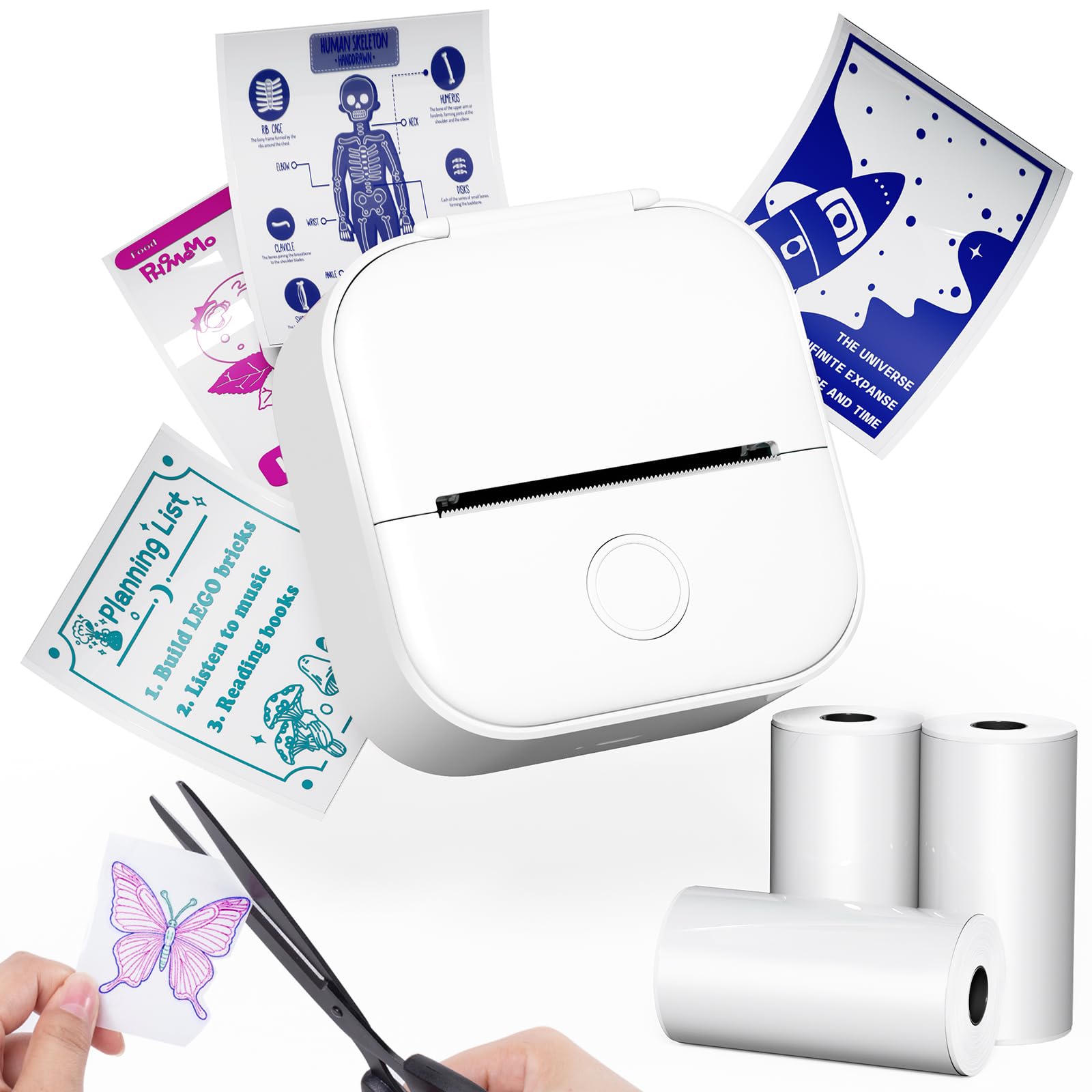 Memoqueen T02 Mini Printer - Portable Inkless Sticker Printer with 3 Rolls Transparent Thermal Paper | Color Text Printing for DIY Journals, Memos & Notes | iOS & Android Compatible (White) | Perfect for Scrapbooking, Planner Decoration & Office Organization