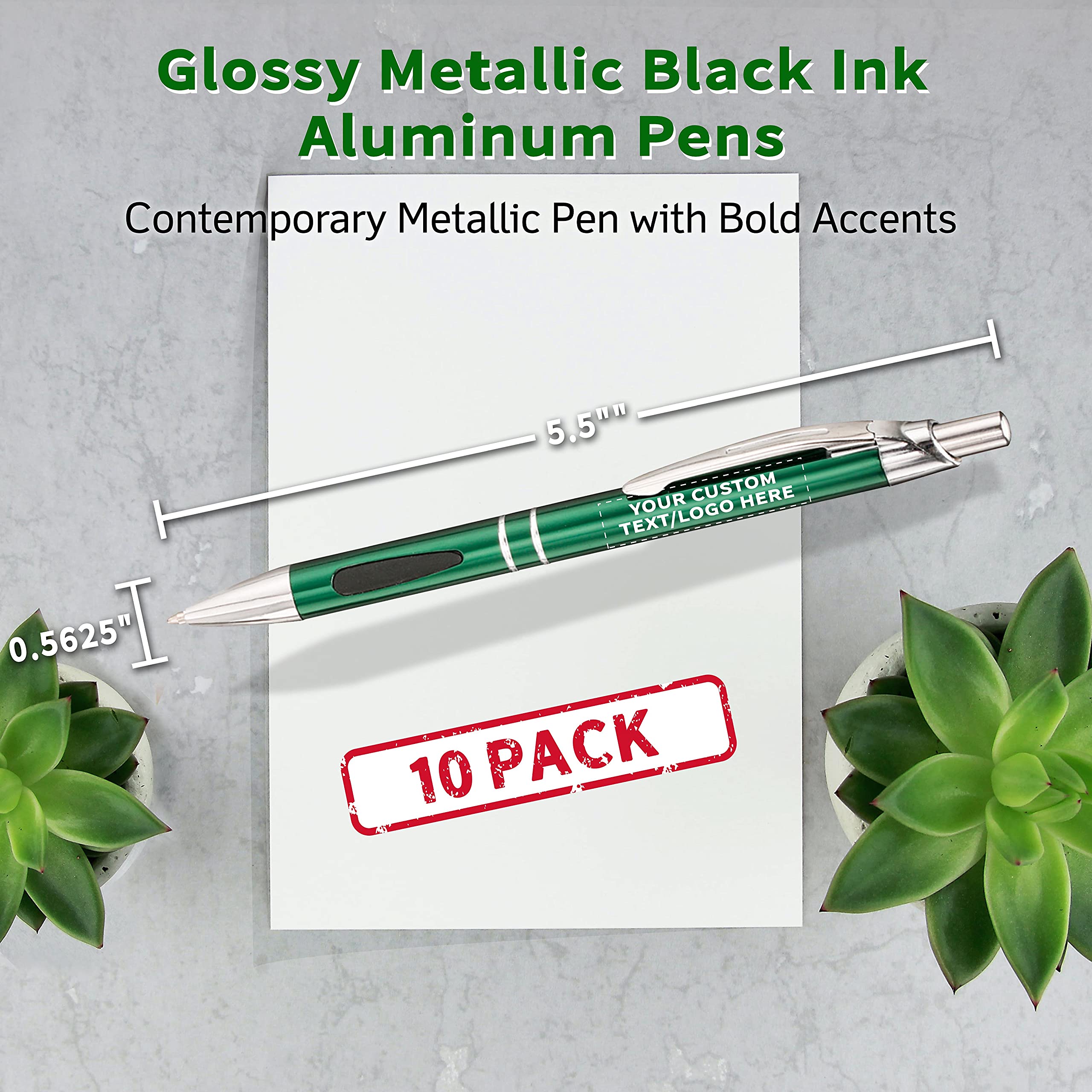 10 Pack Black Ink Metal Pens with Custom Text & Logo - Retractable Ballpoint Pens with Silver Accents - Premium Office & Business Writing Supplies for Gifts, Promotions & Corporate Branding