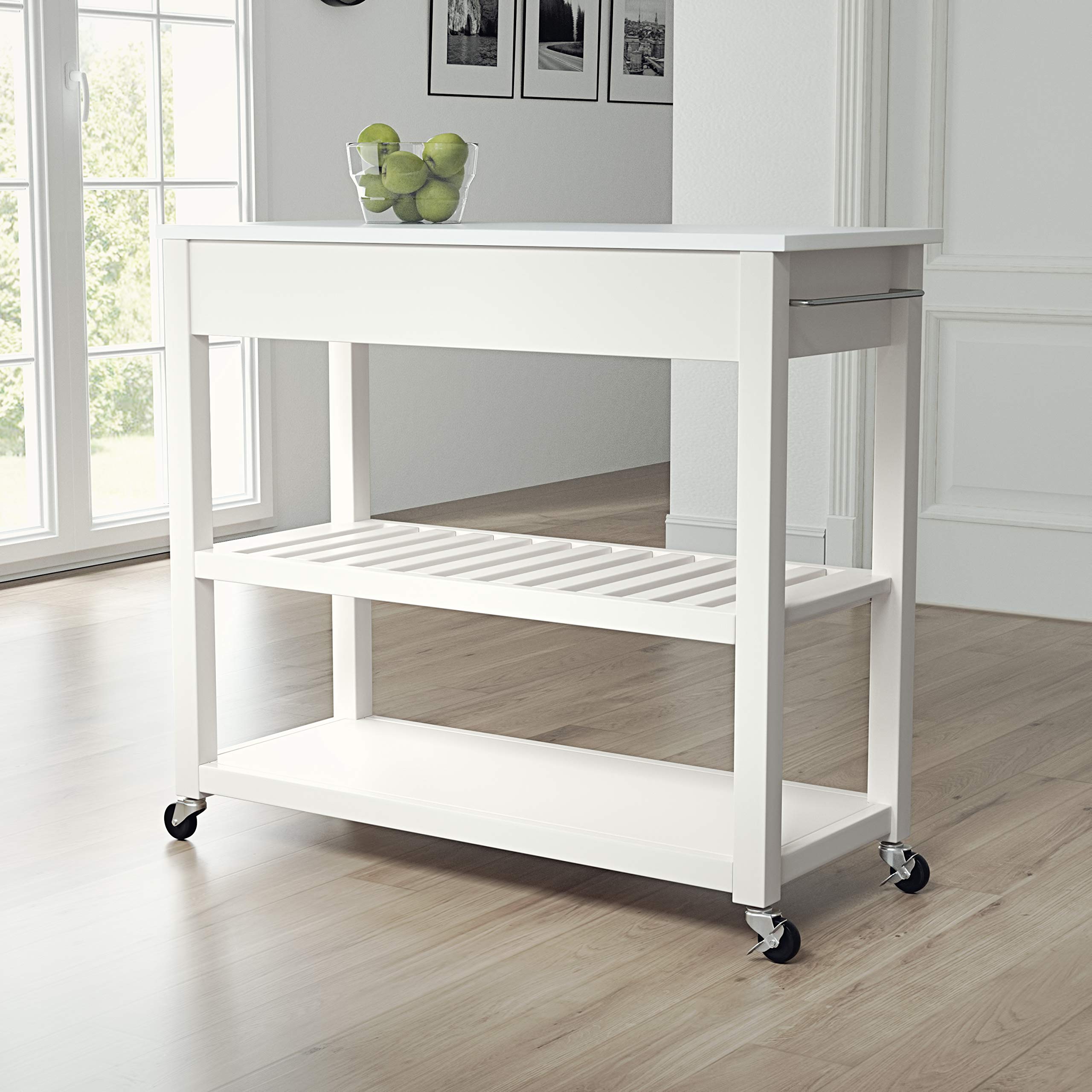 Crosley White Kitchen Prep Rolling Cart with Stone Top - Microwave Stand, Coffee Bar, Storage Shelves - Perfect for Small Spaces, Apartments & Kitchen Organization